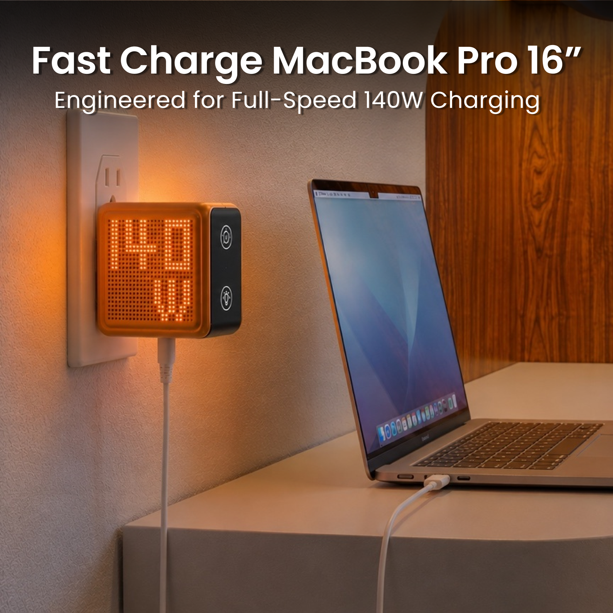 GaNsta Pixel 140W orange charger fast charging MacBook Pro 16 inch infographic