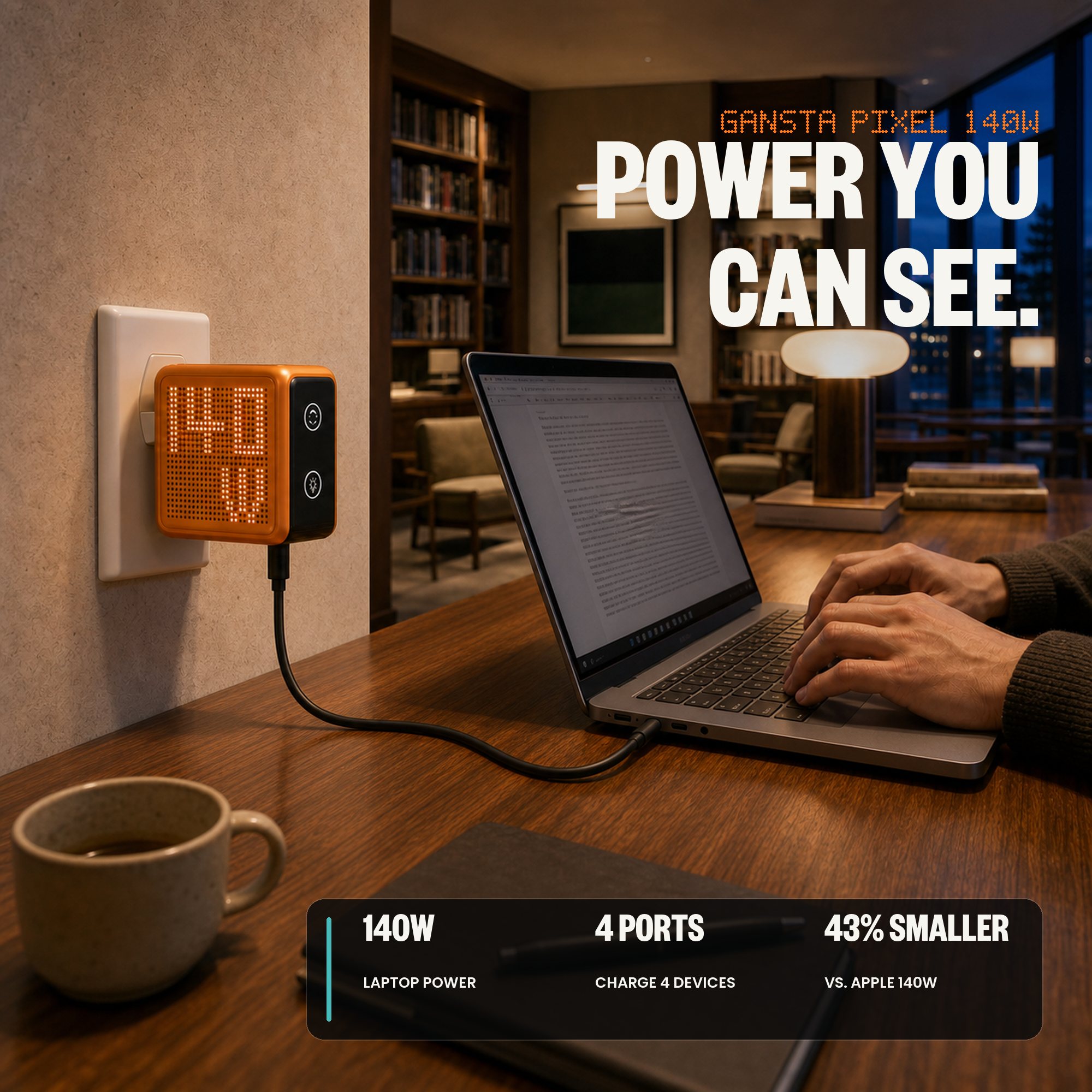 GaNSta Pixel 140W charger powering a MacBook Pro 16-inch, Live in Pixels infographic