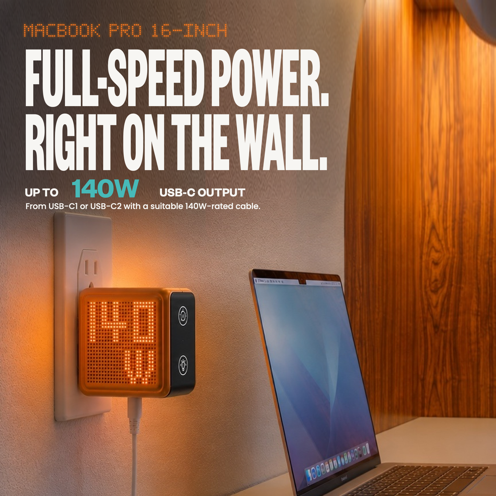 GaNSta Pixel 140W charger, Charges Your MacBook infographic