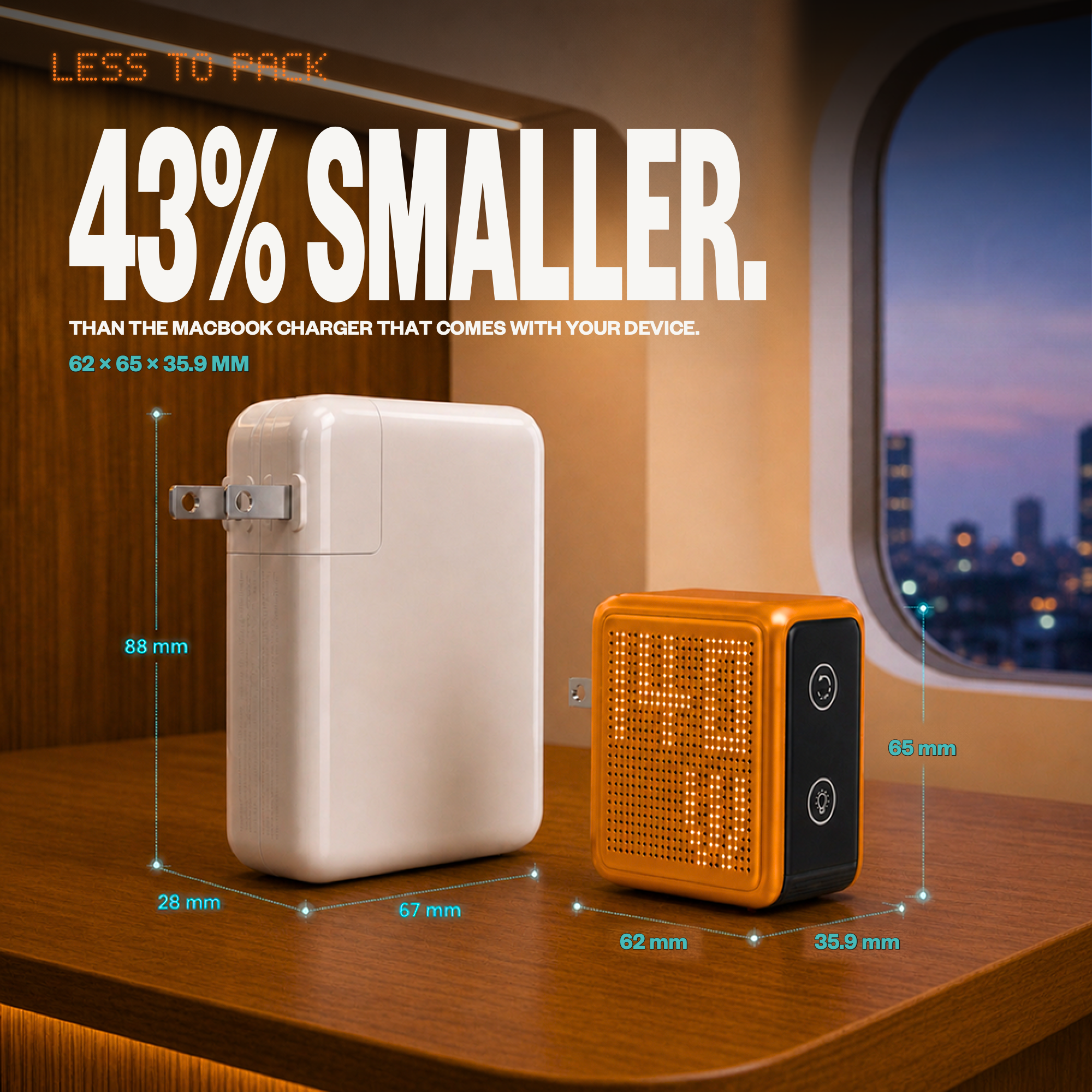 GaNSta Pixel 140W charger size comparison, 43% smaller than the MacBook charger that comes with your device