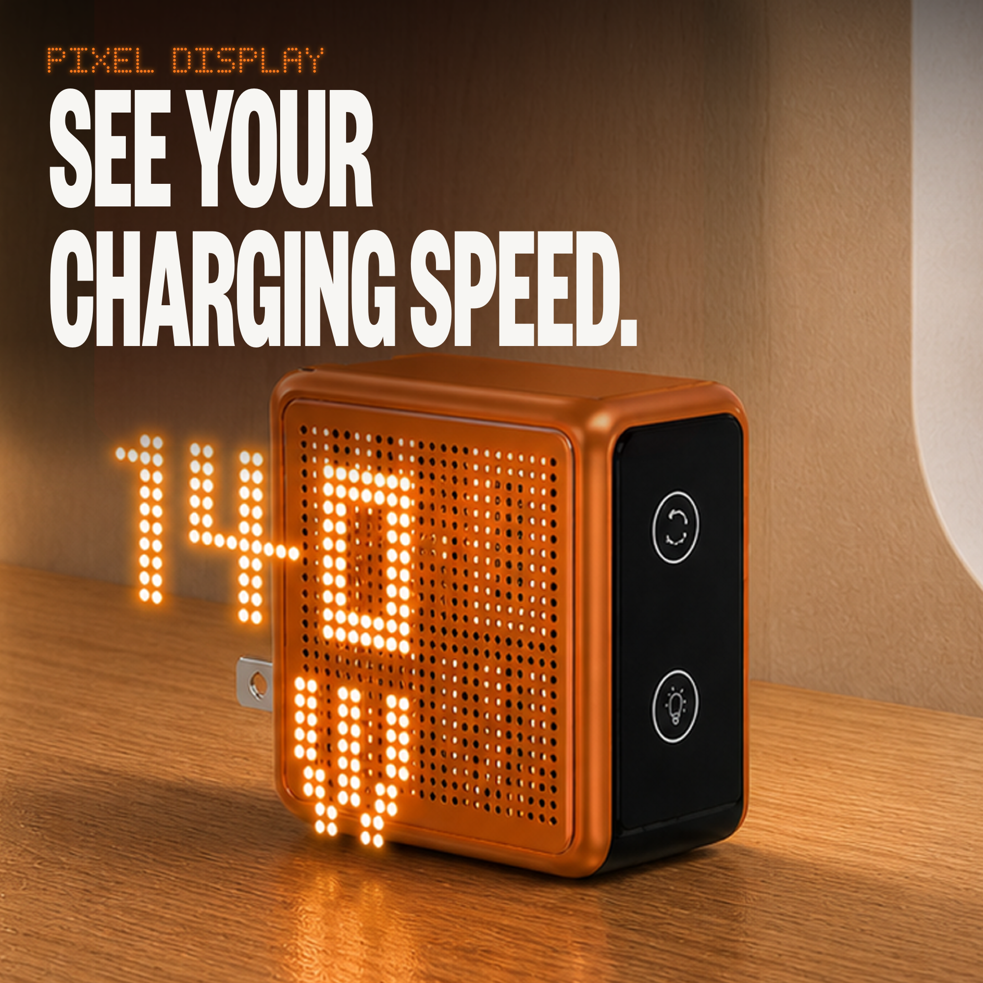 GaNSta Pixel 140W charger Pixel display showing charging speed