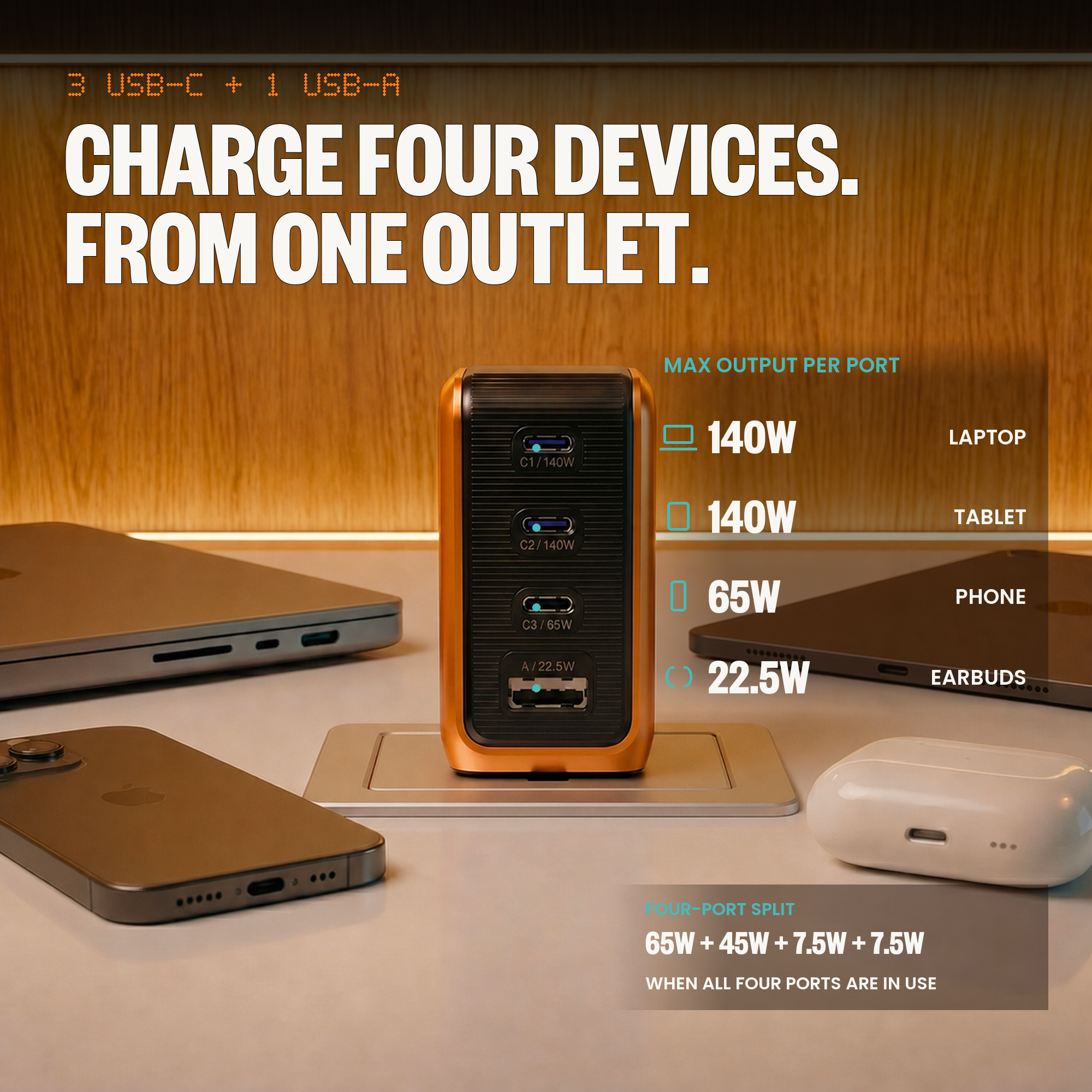 GaNSta Pixel 140W four-port charger powering four devices from one outlet