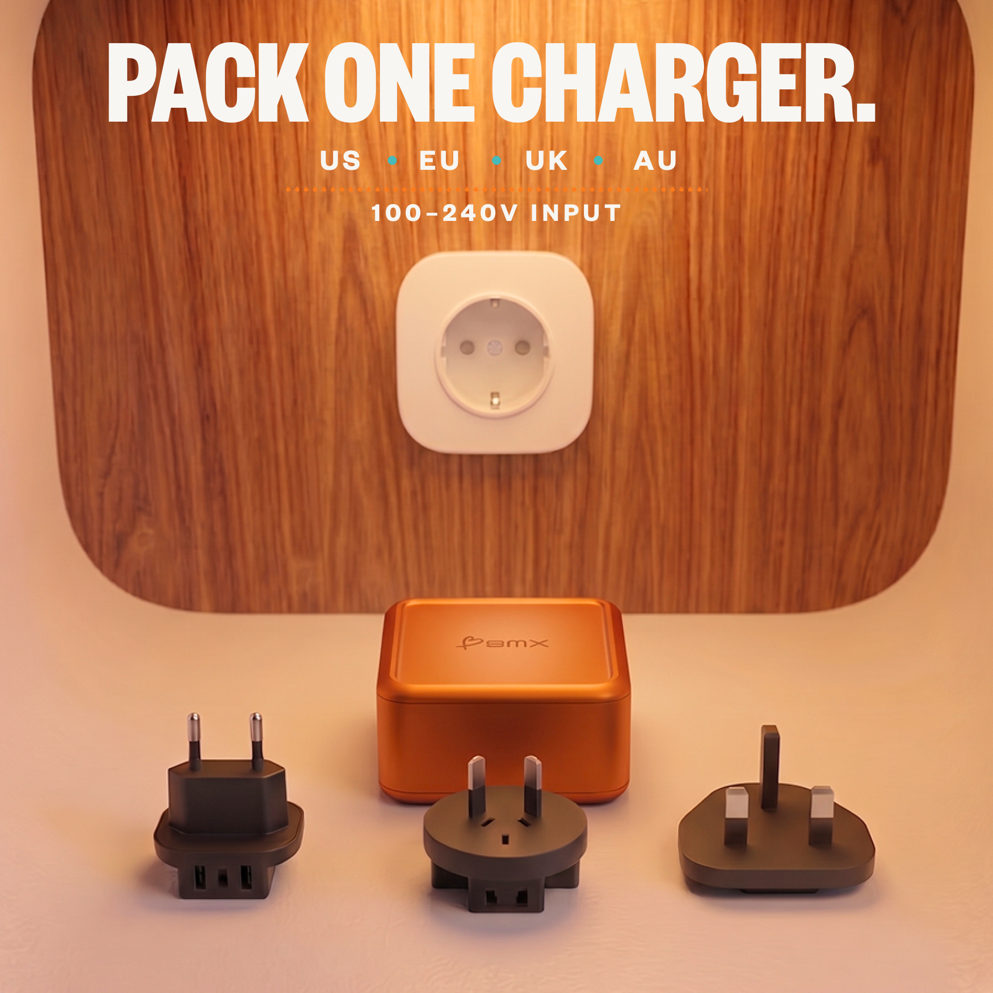 GaNSta Pixel 140W charger with US, EU, UK, and AU travel plugs