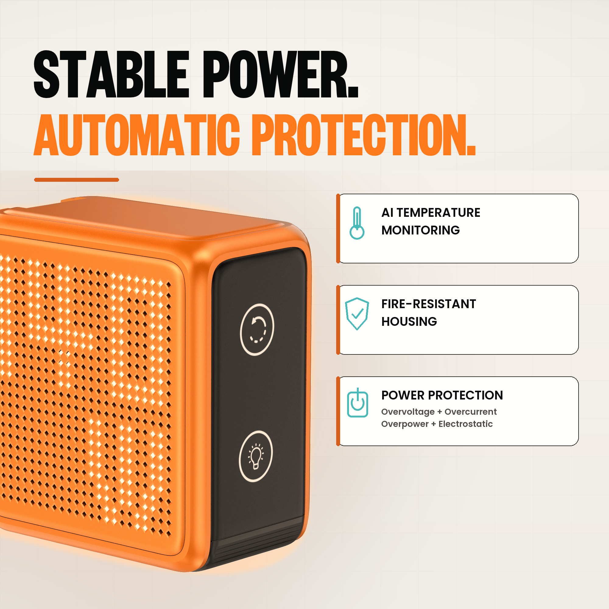 GaNSta Pixel 140W charger protection features infographic