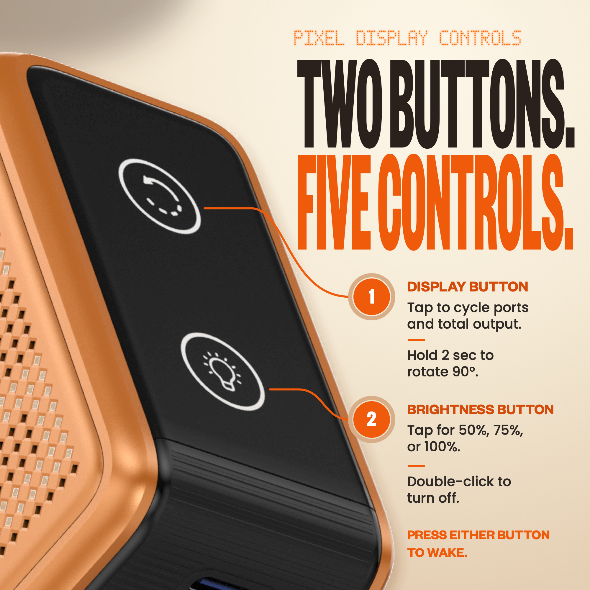 GaNSta Pixel 140W charger Pixel display button controls infographic