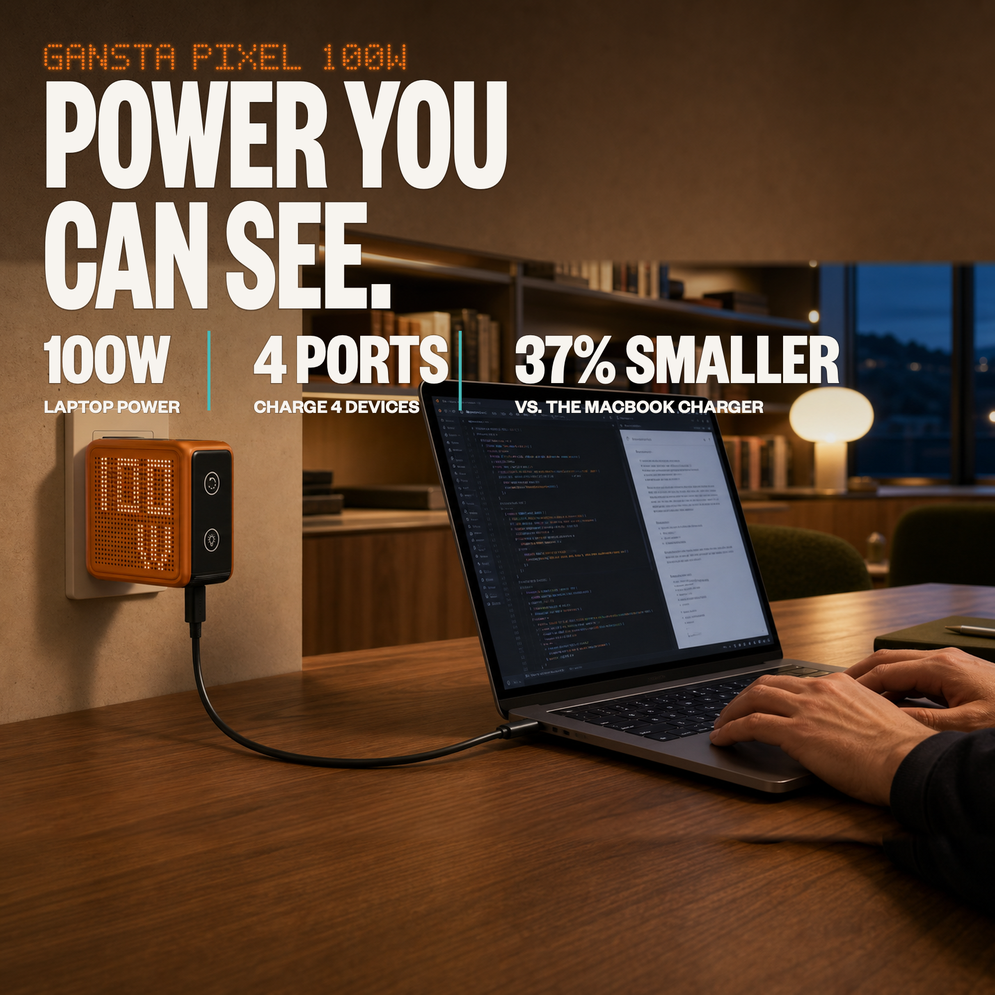 GaNSta Pixel 100W charger powering a MacBook Pro 14-inch, Live in Pixels infographic