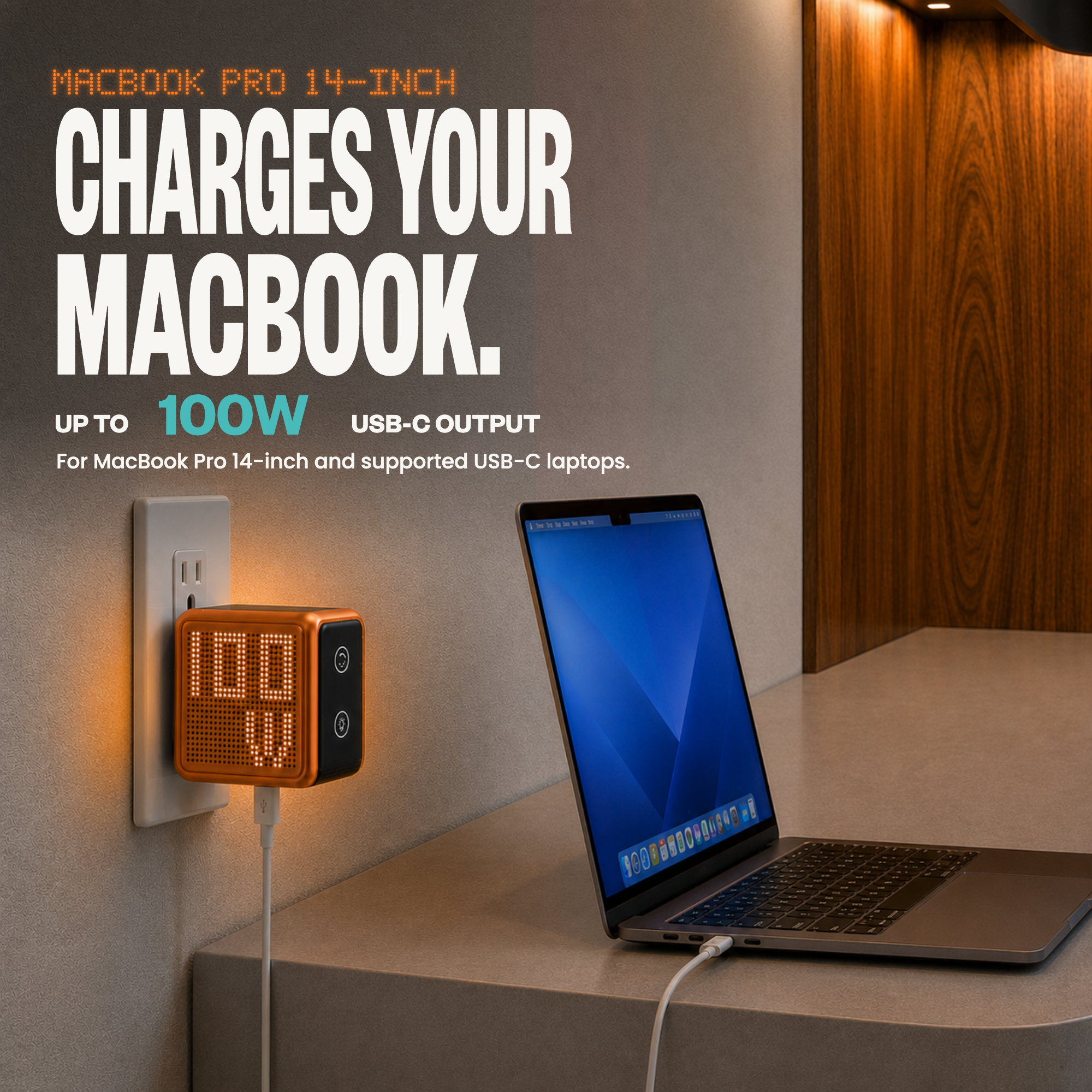 GaNSta Pixel 100W charger, Charges Your MacBook infographic