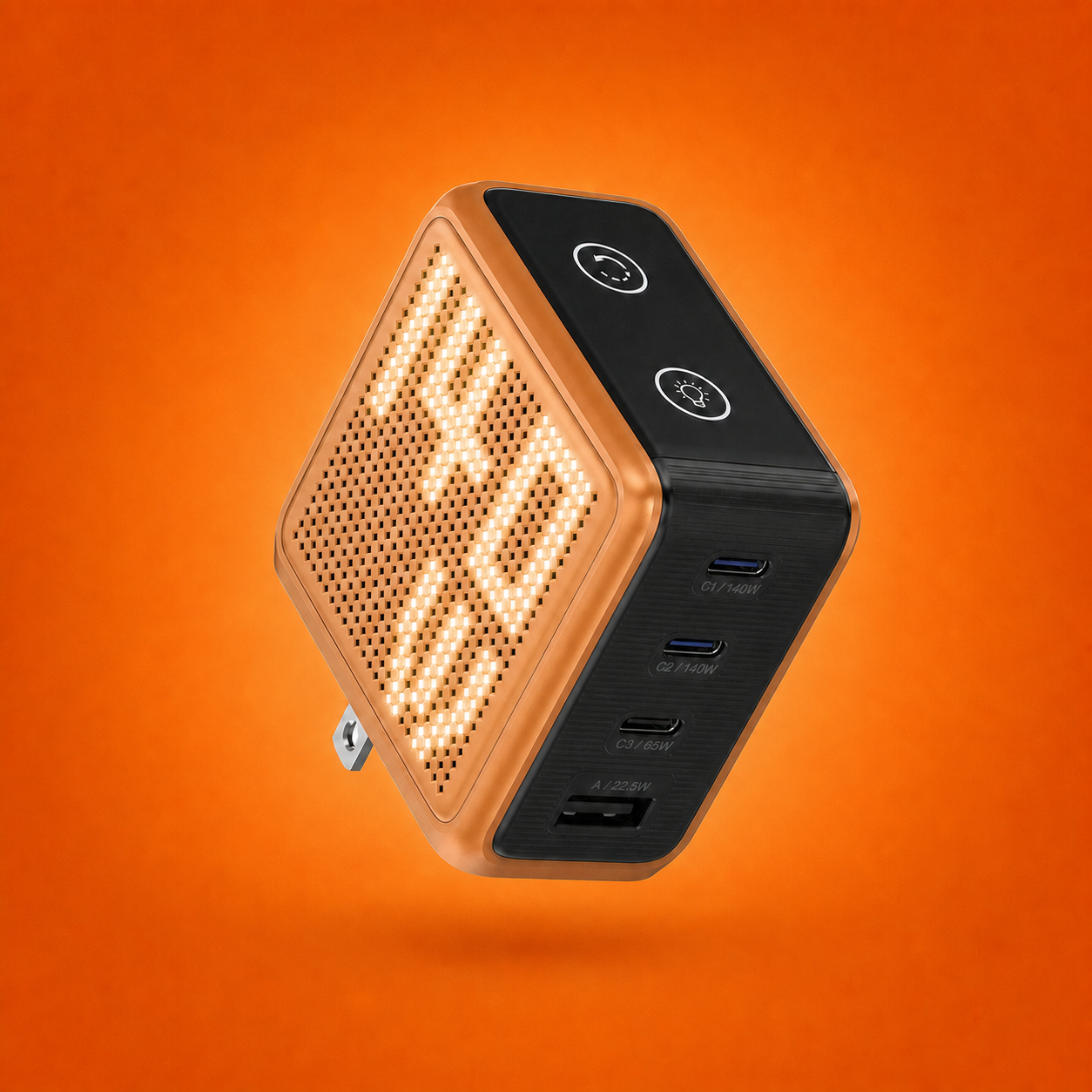 Orange GaNsta 140W Pixel charger on orange background