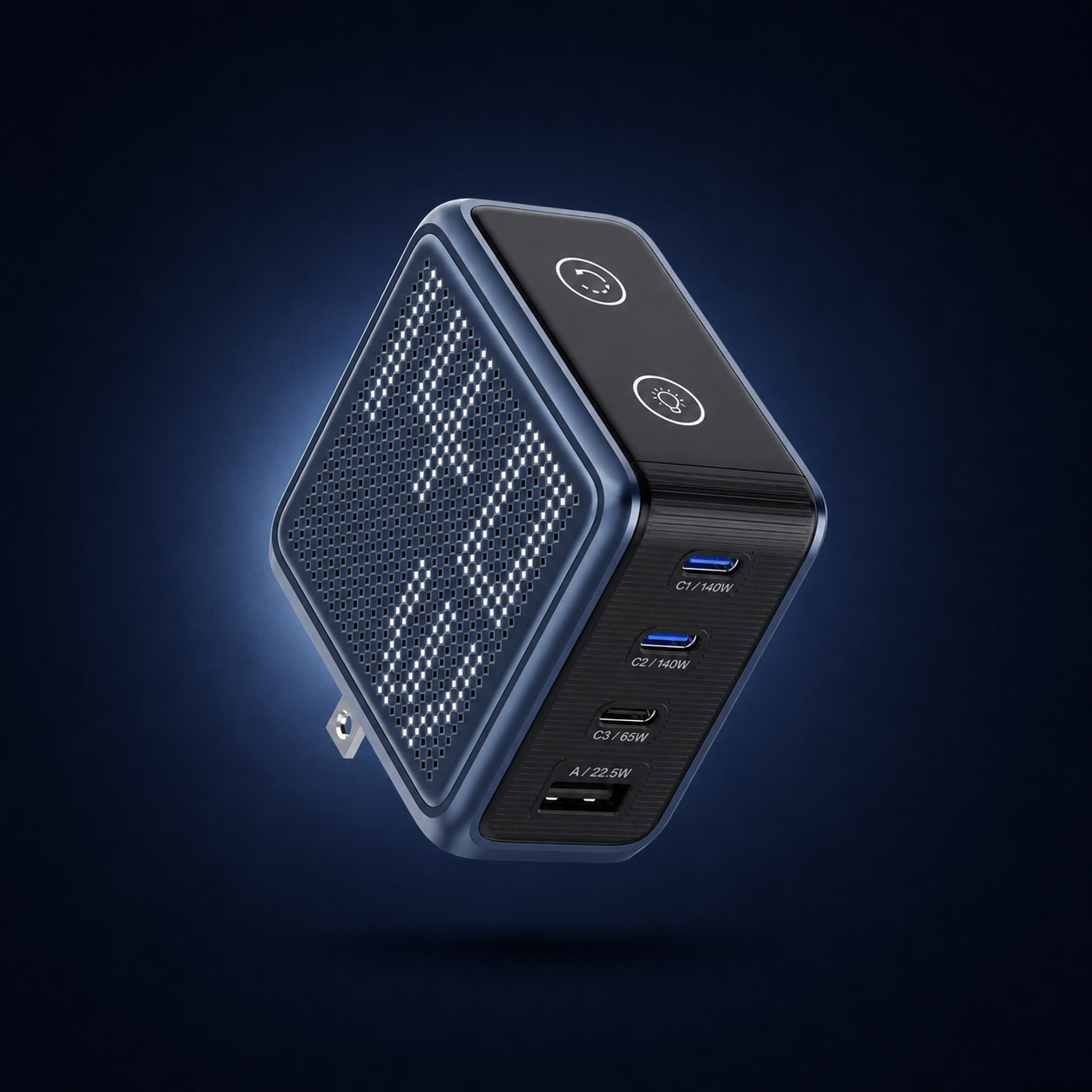Blue GaNsta Pixel 140W charger on navy background
