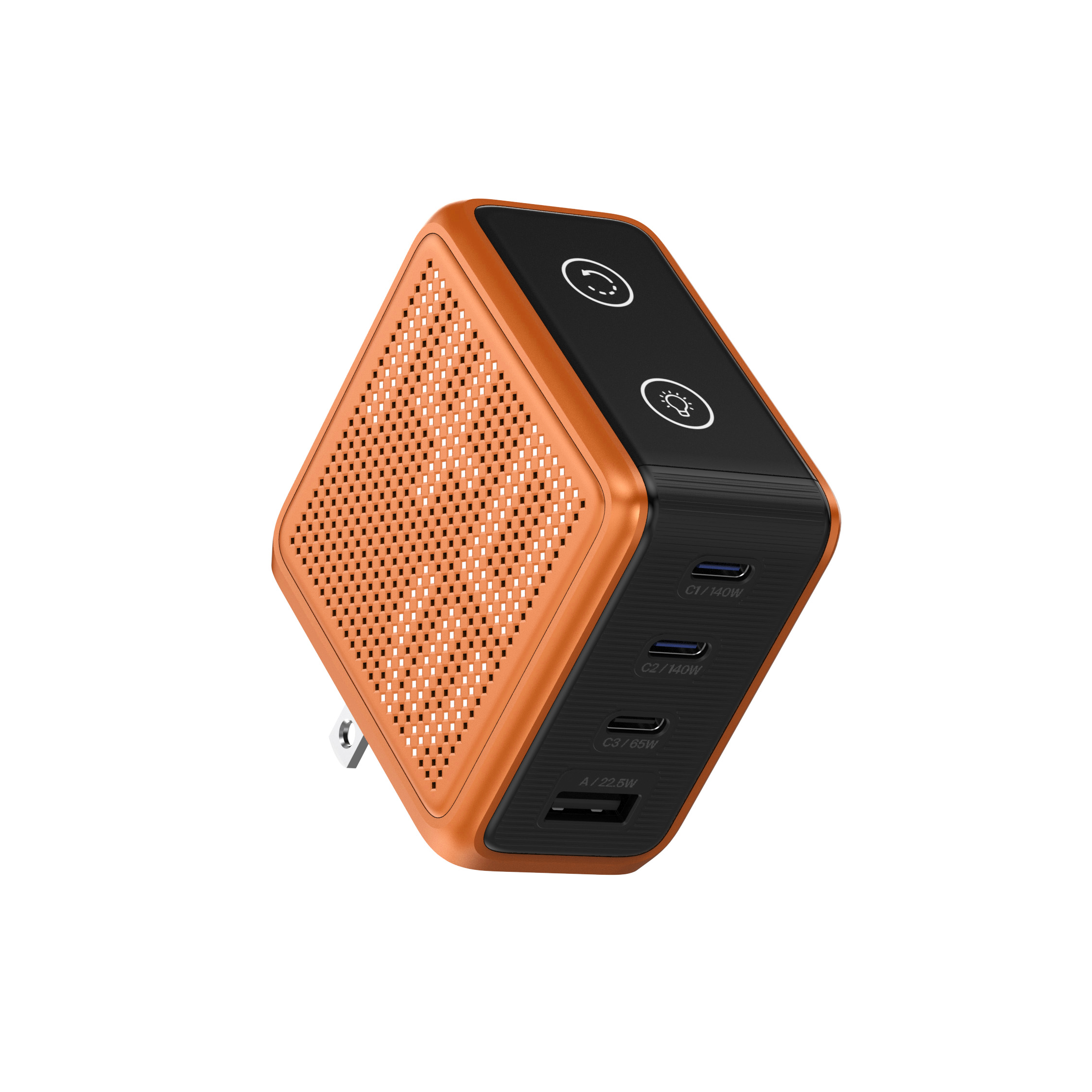 GaNSta Pixel 140W Charger showing live wattage in pixels