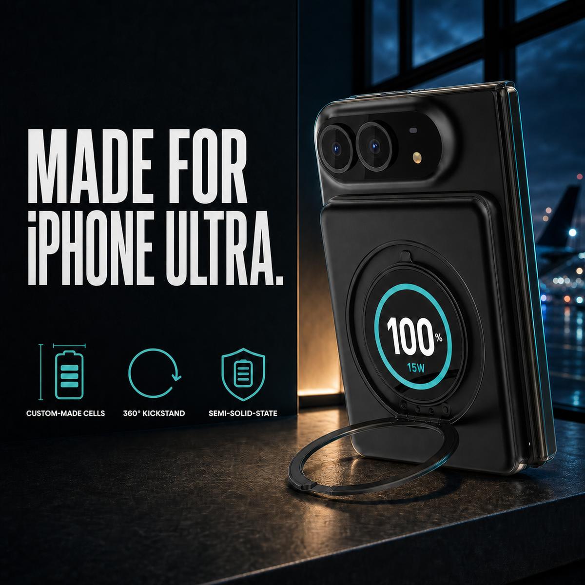 SolidSafe™ Ultra made for iPhone Ultra with custom-fit cells, rotating stand, and semi-solid-state construction