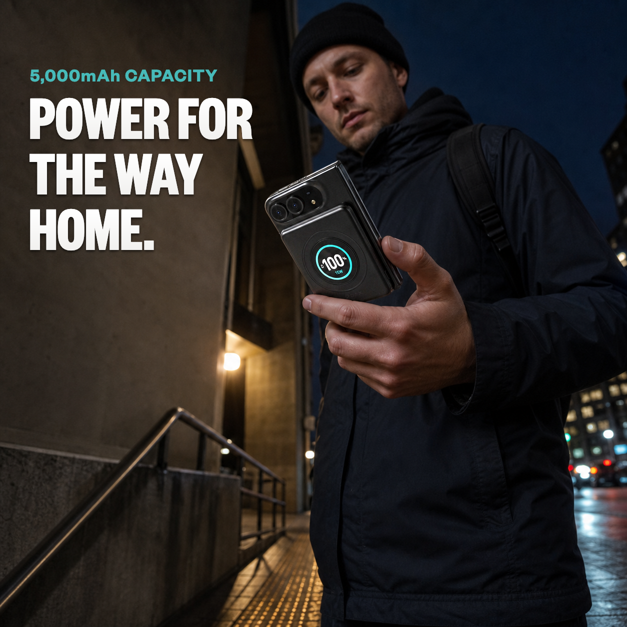 SolidSafe™ Ultra 5,000mAh power bank attached to a folding phone during a commute