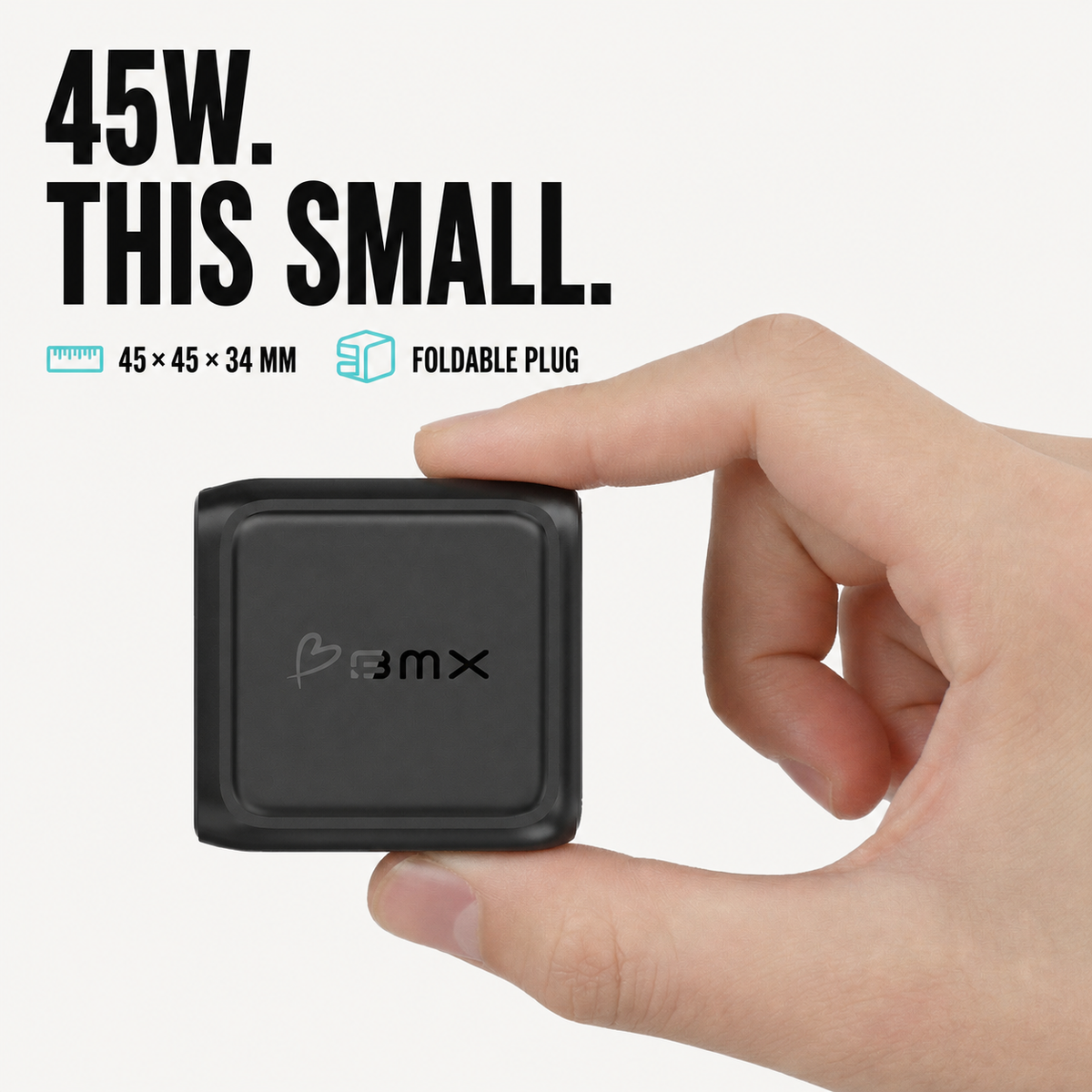 GaNsta 45W compact 45 x 45 x 34 mm charger with foldable plug.