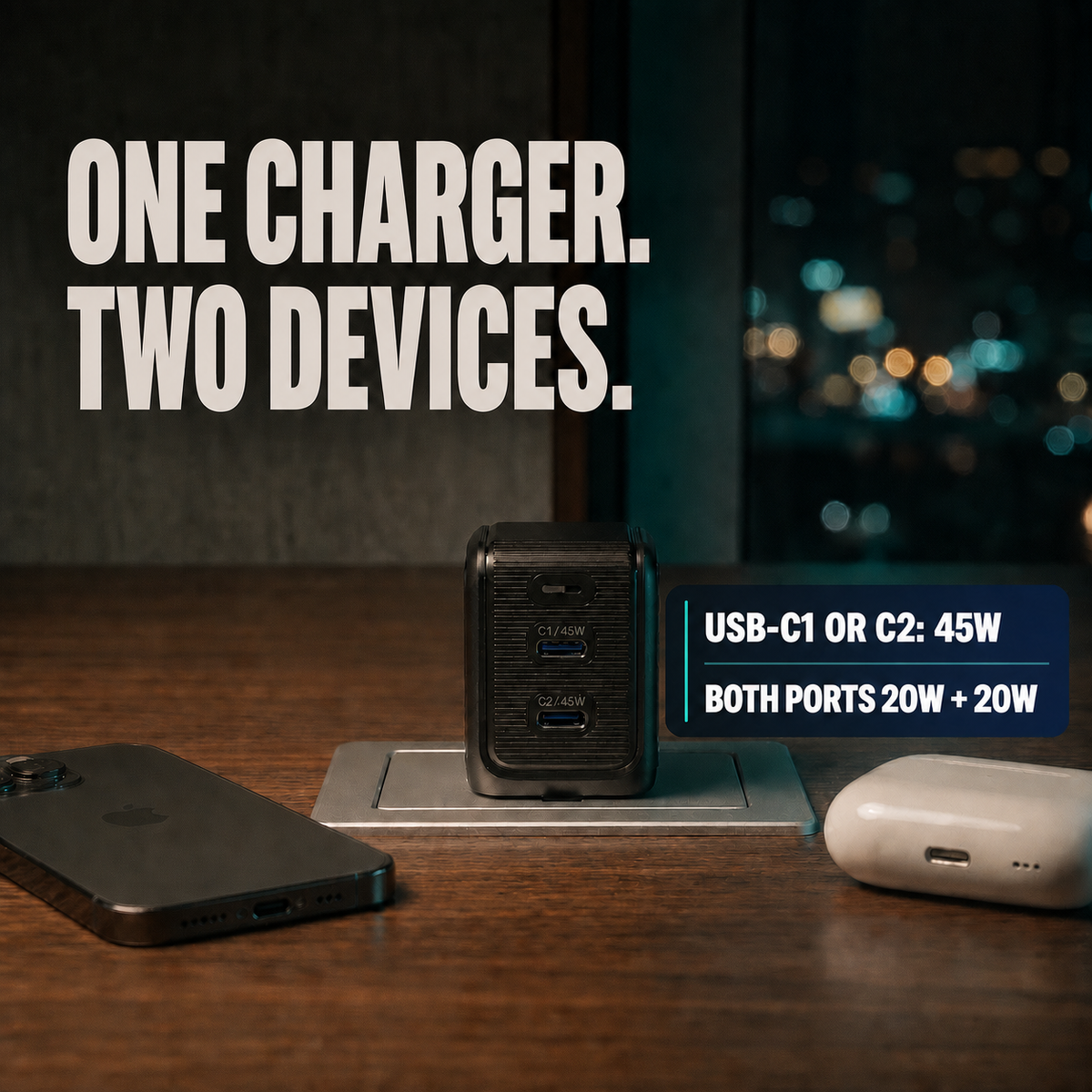 GaNsta 45W dual USB-C charging: 45W single-port or 20W plus 20W.