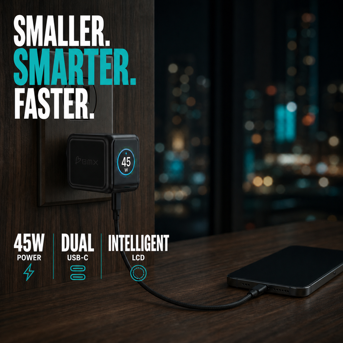 GaNsta 45W charger in a hotel room: Smaller. Smarter. Faster.