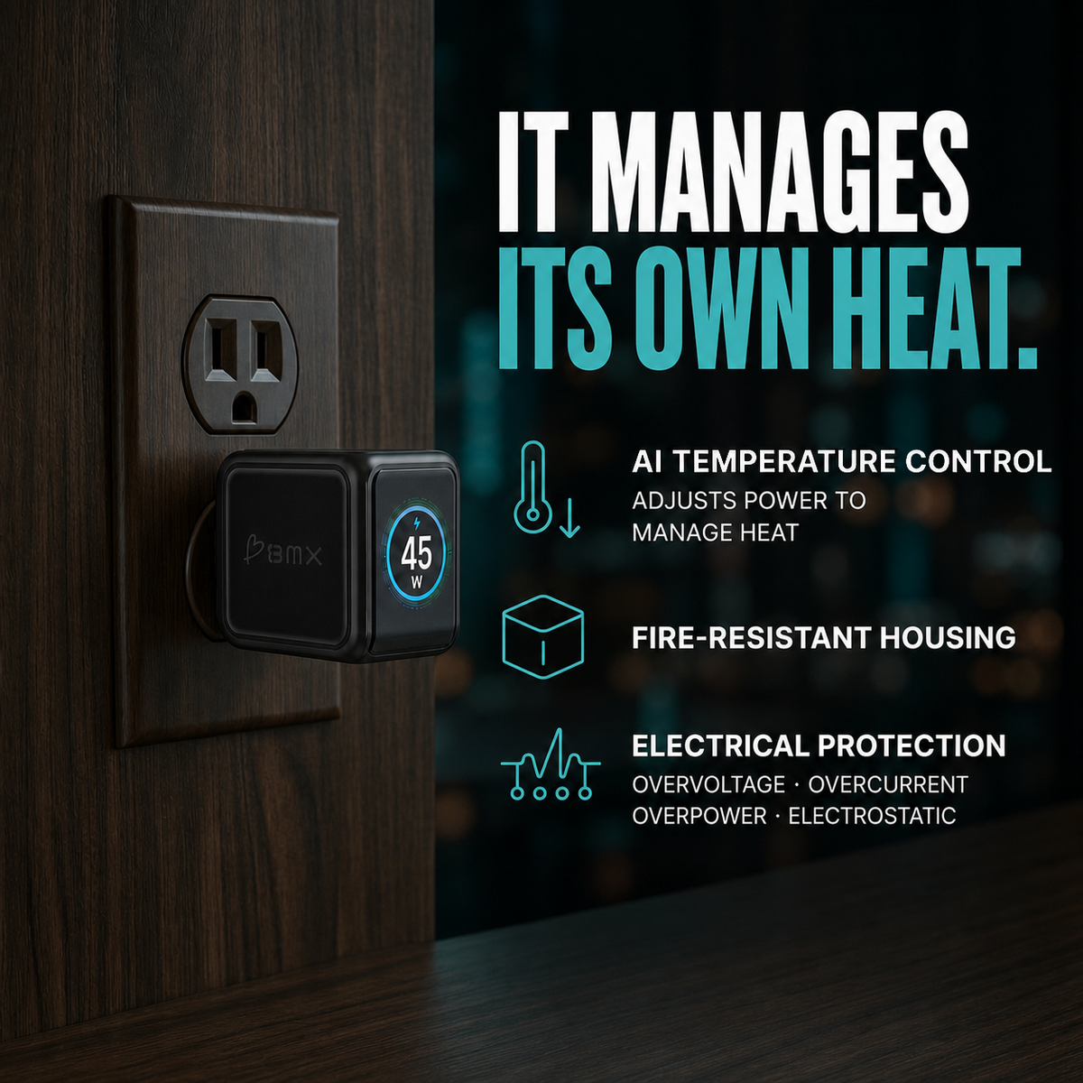 GaNsta 45W built-in protection and AI heat management.