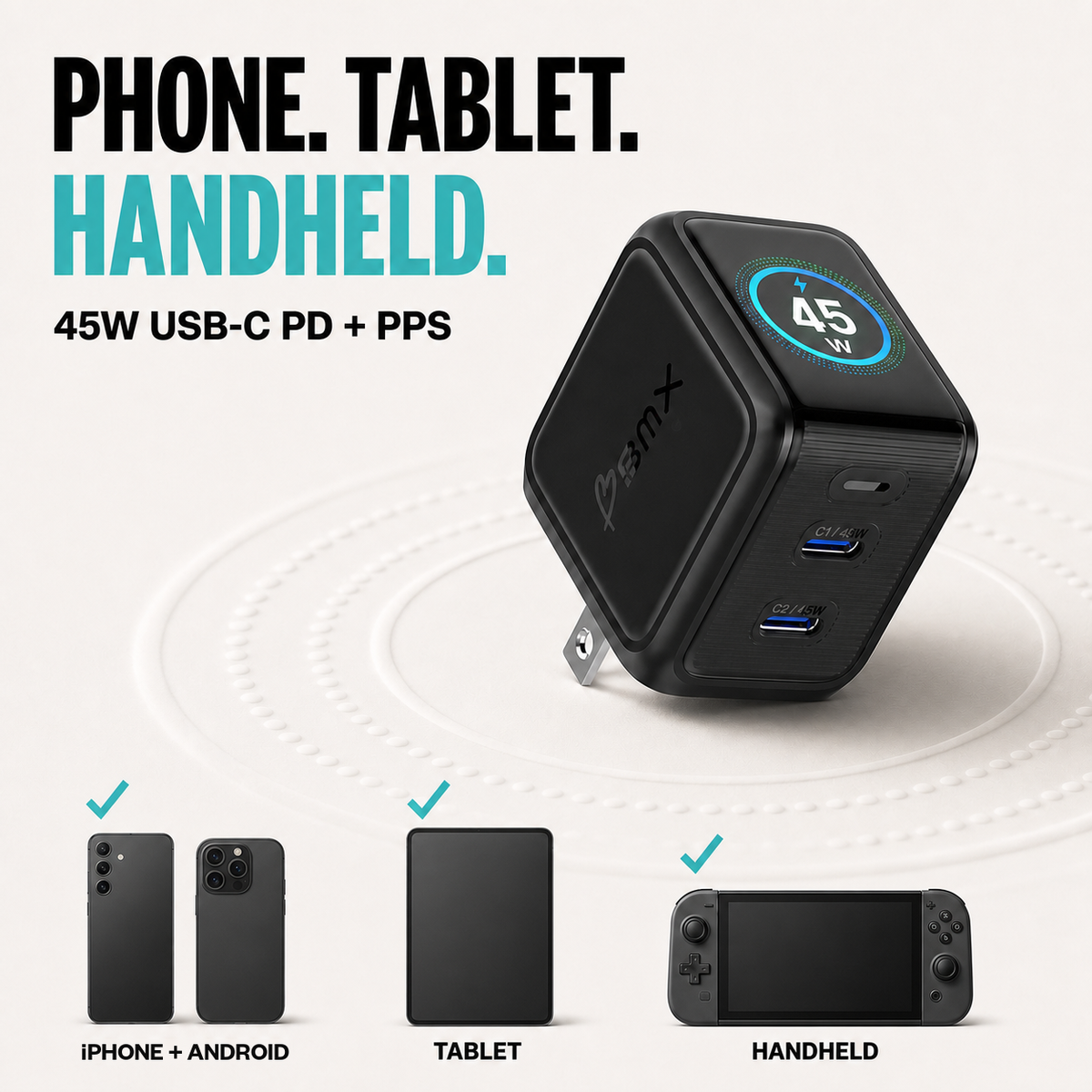 GaNsta 45W compatibility with iPhone, Android, tablet, and handheld devices.