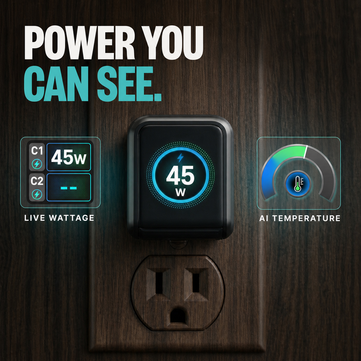 GaNsta 45W intelligent LCD showing live wattage and AI temperature.