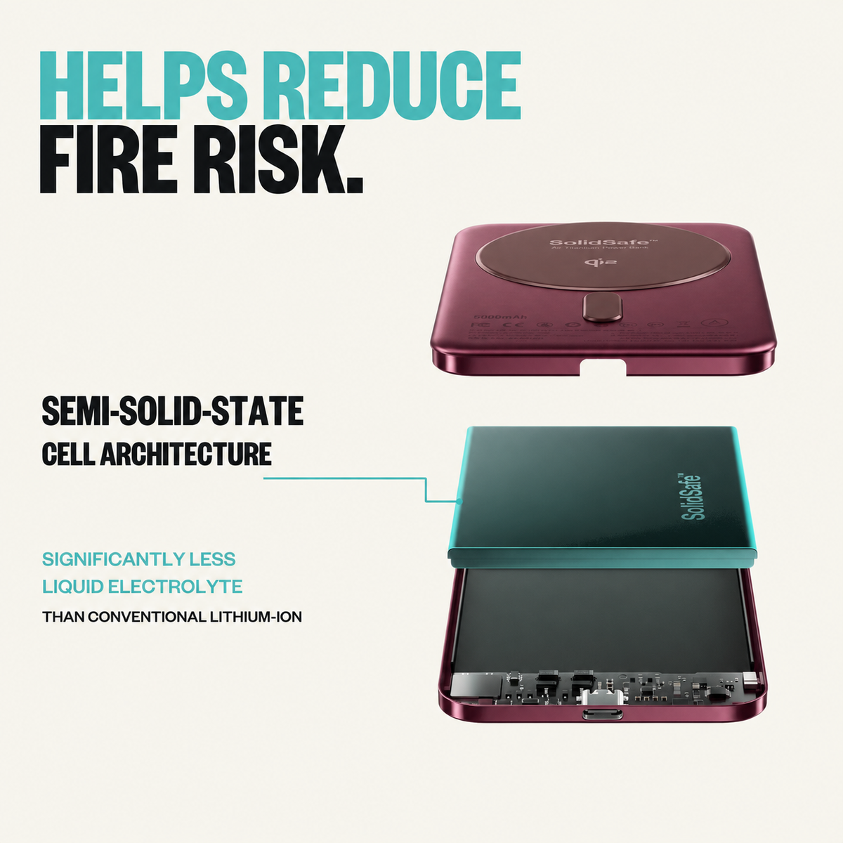 Burgundy SolidSafe™ Air 5K infographic: Helps reduce fire risk