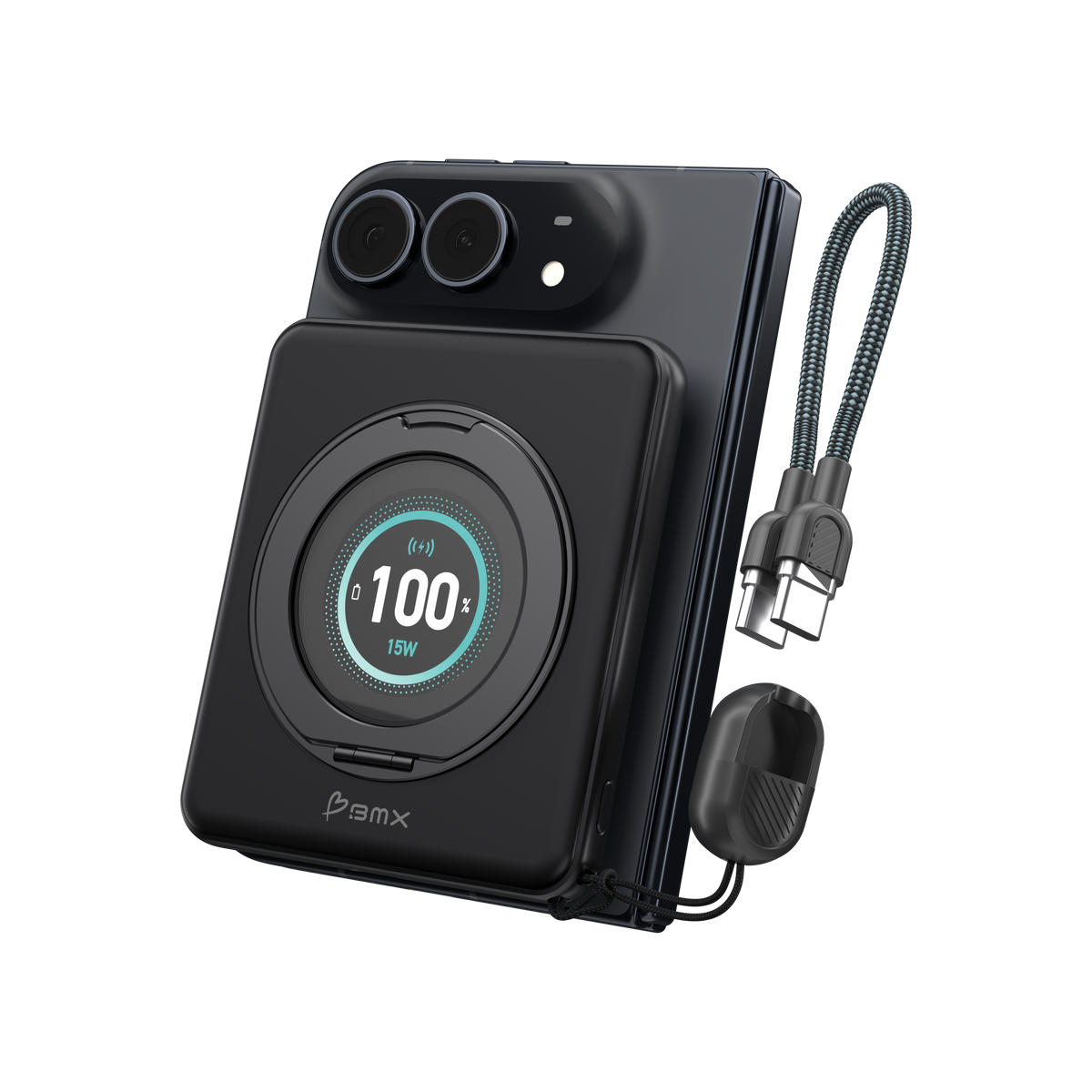 SolidSafe™ Duo on iPhone Duo with the USB-C lanyard cable unclipped and ready to plug in.