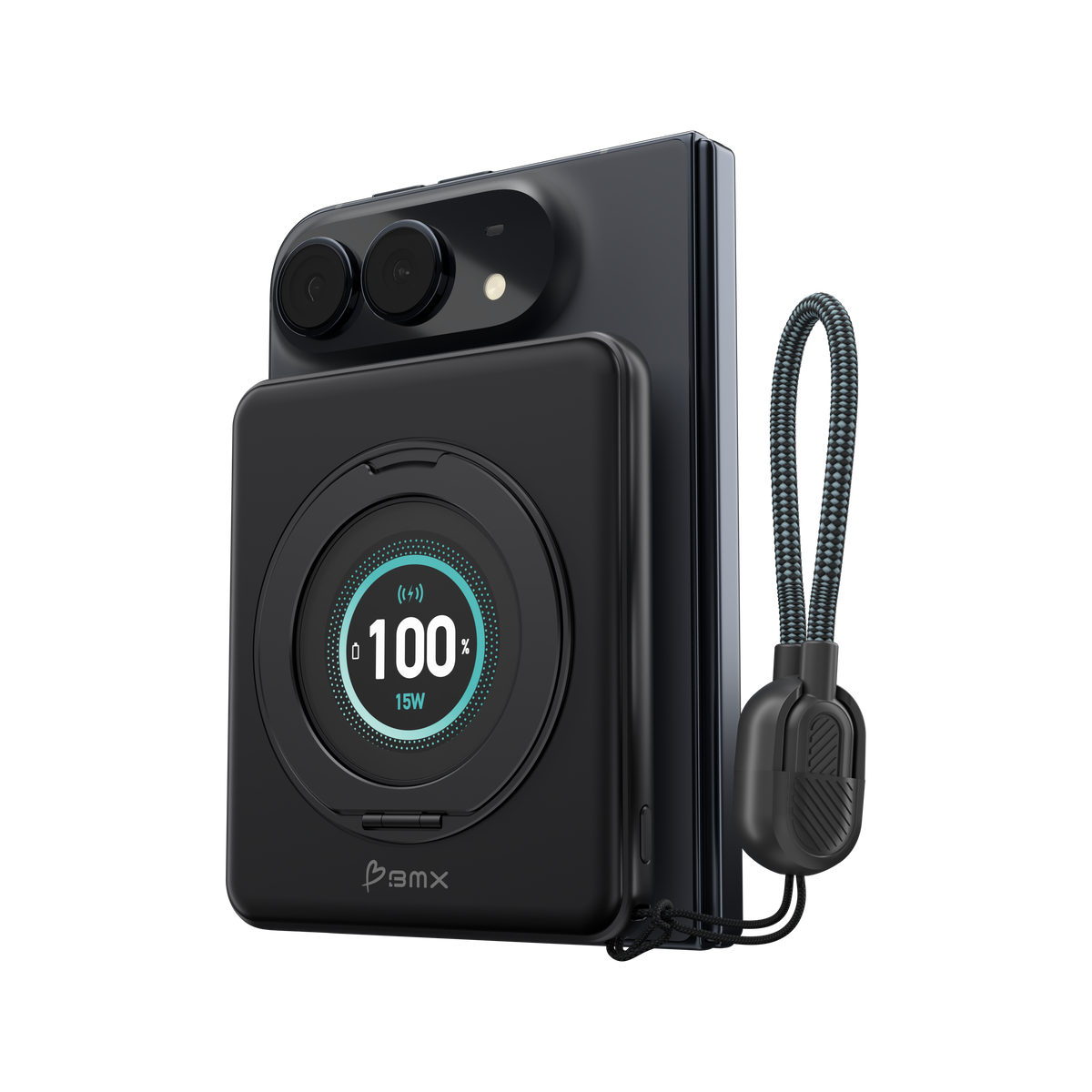 SolidSafe™ Duo on iPhone Duo with the braided USB-C lanyard hanging at its side.