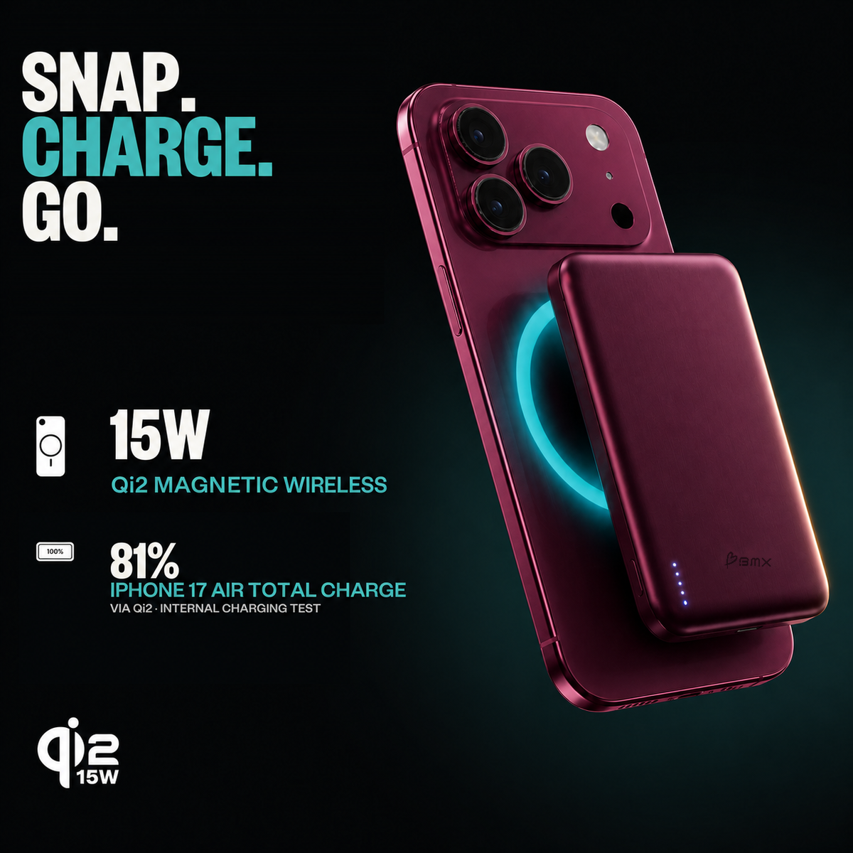 Burgundy SolidSafe™ Air 5K infographic: Snap, charge, go