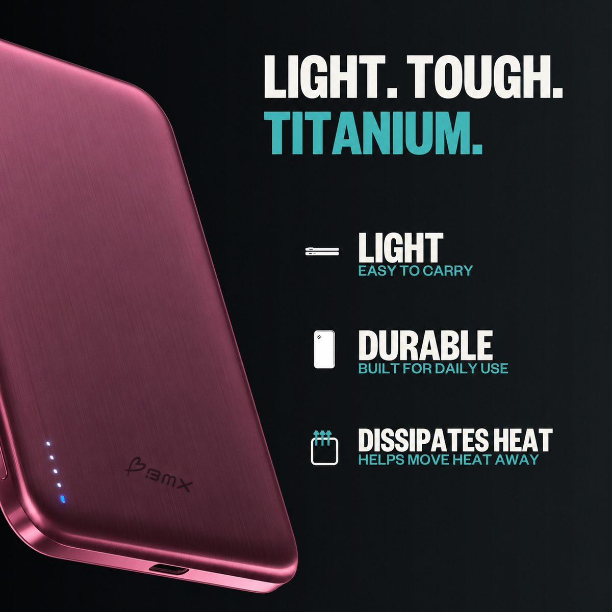 Burgundy SolidSafe™ Air 5K infographic: Light, tough titanium