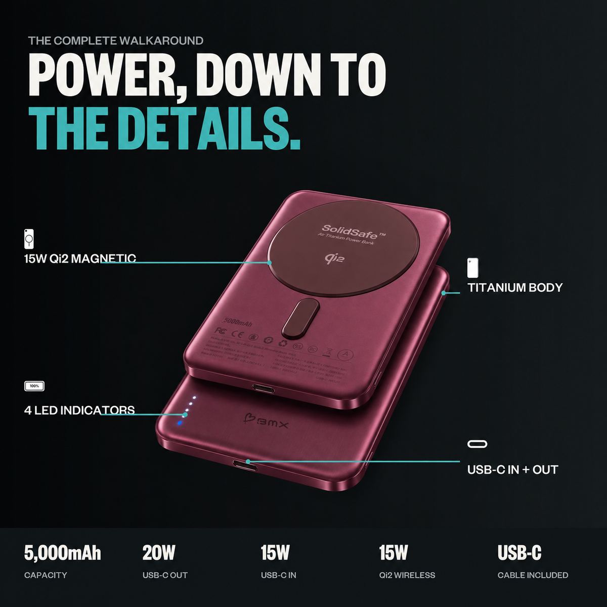 Burgundy SolidSafe™ Air 5K infographic: Power down to the details