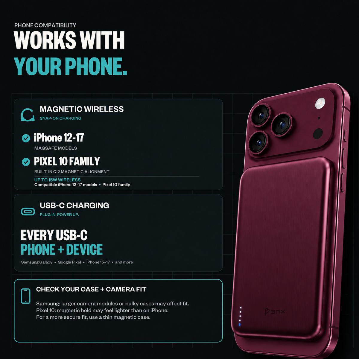 Burgundy SolidSafe™ Air 5K infographic: Works with your phone