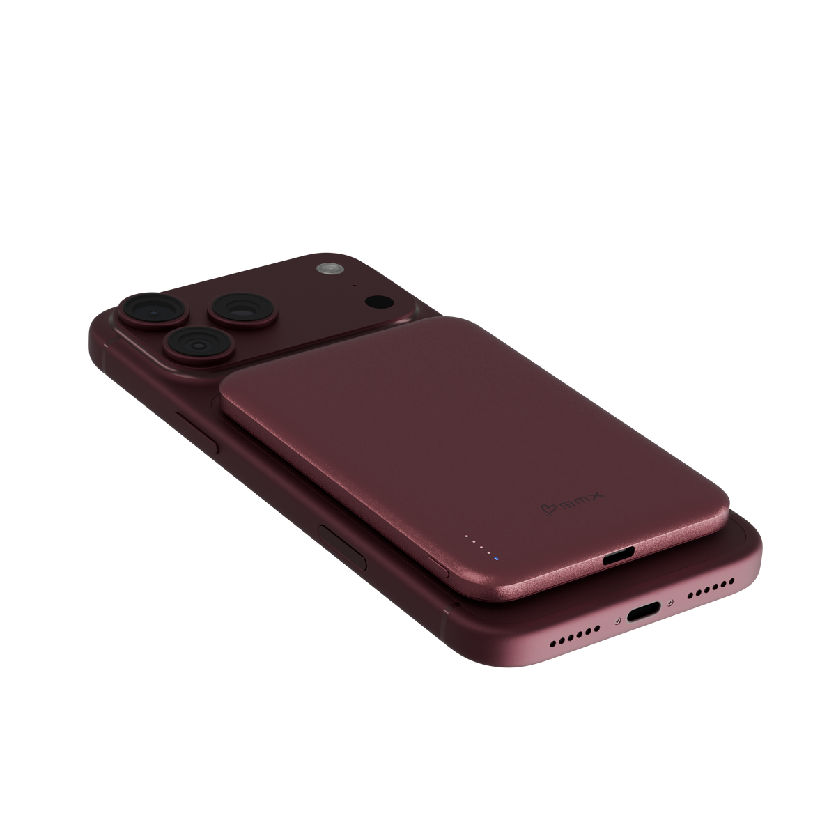 Burgundy SolidSafe™ Air 5K attached to a Burgundy iPhone 18 Pro Max lying at a shallow angle, with both bottom edges visible.