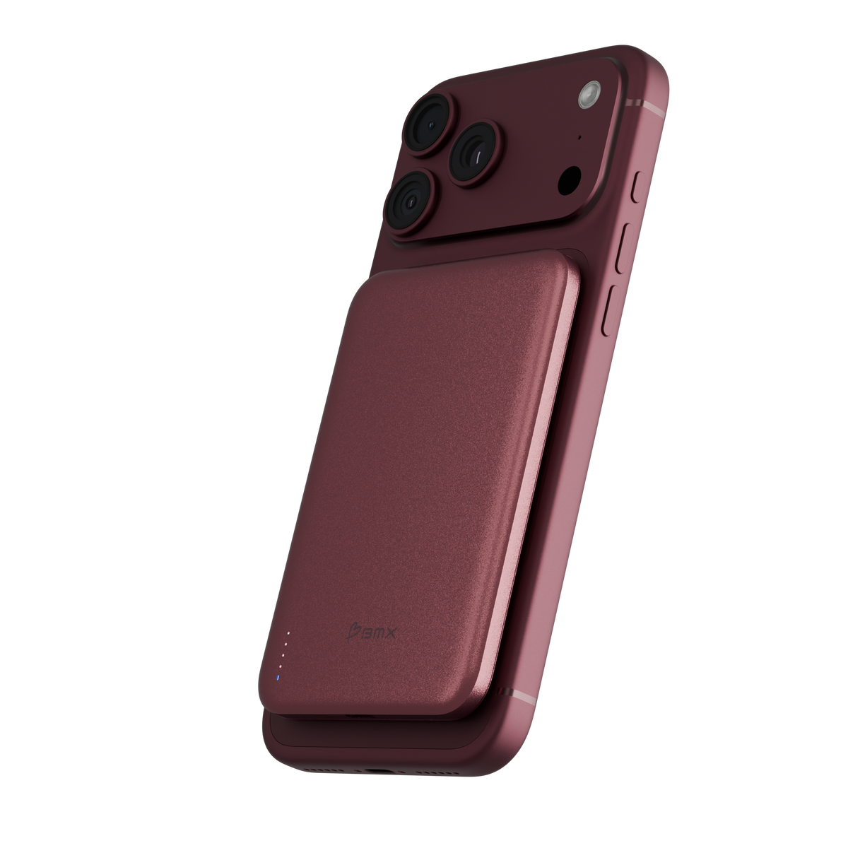 Burgundy SolidSafe™ Air 5K attached to a Burgundy iPhone 18 Pro Max, upright at a slight angle with indicator lights visible