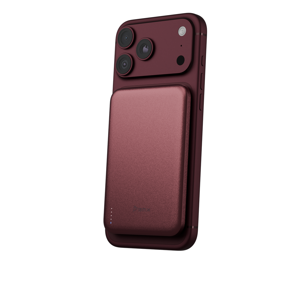 Burgundy SolidSafe™ Air 5K attached to a Burgundy iPhone 18 Pro Max, upright at a three-quarter angle