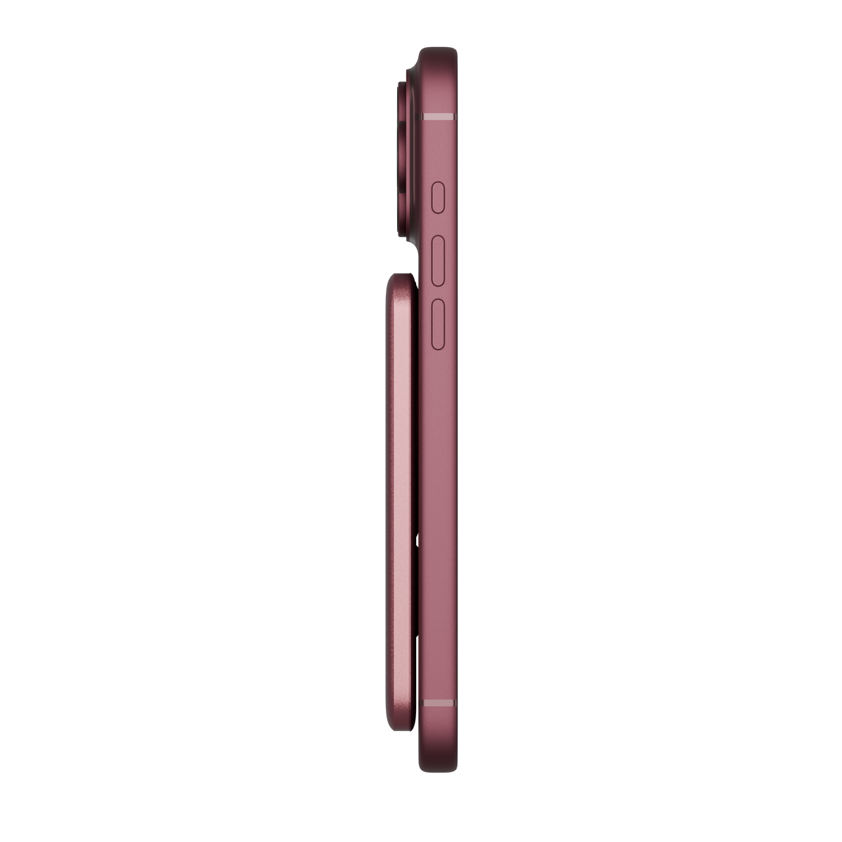 Side profile of a Burgundy SolidSafe™ Air 5K attached to a Burgundy iPhone 18 Pro Max, showing the slim stacked form