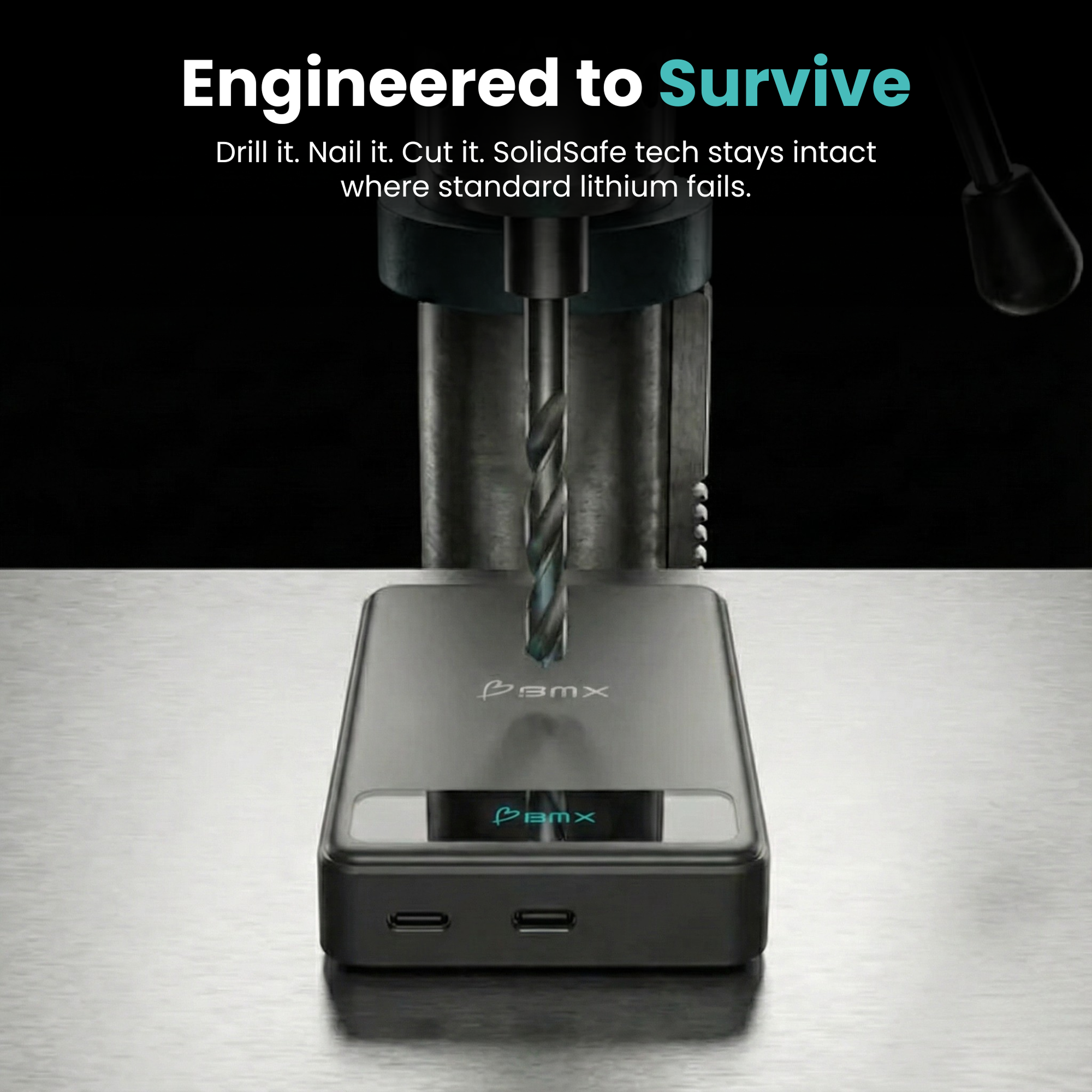 BMX SolidSafe 10K (10000mAh) -- engineered to survive infographic showing drill test, semi-solid-state cells stay intact w...