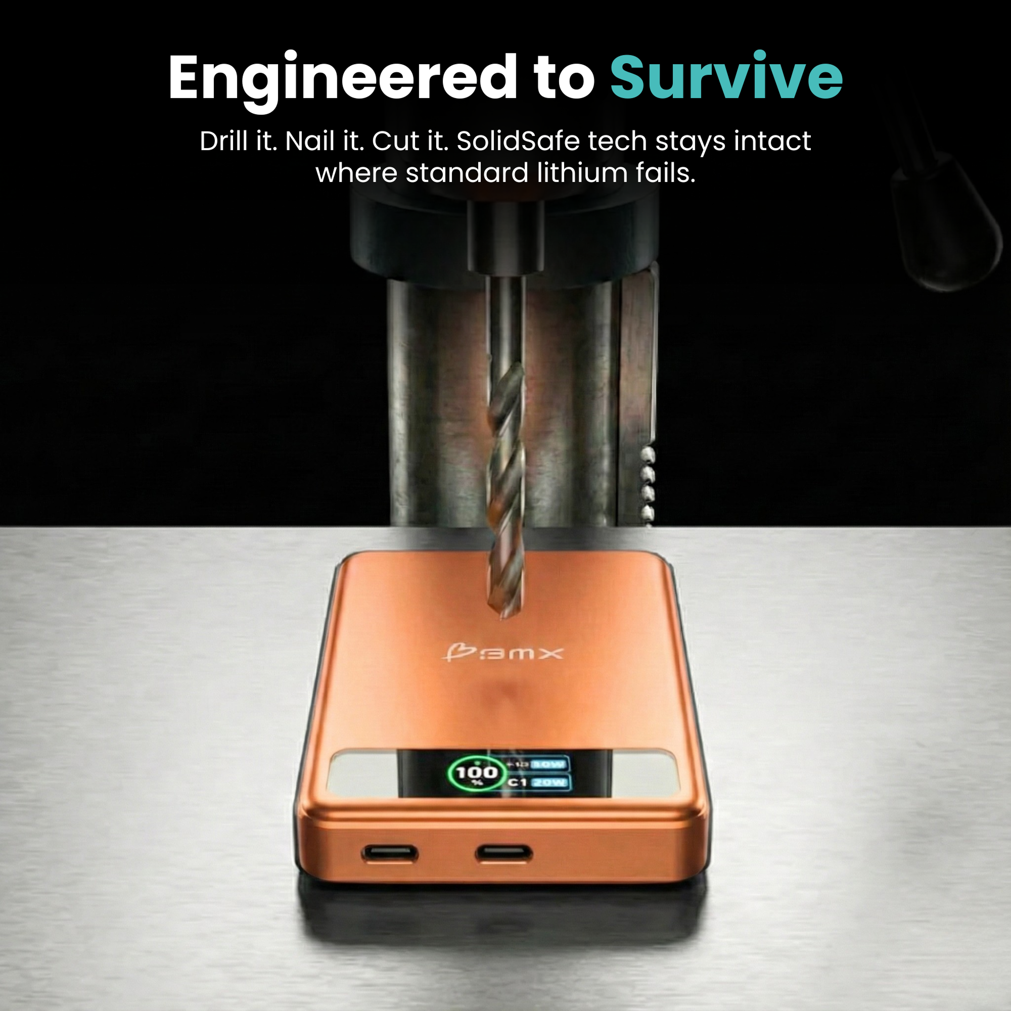 BMX SolidSafe 10K (10000mAh) -- engineered to survive infographic showing drill test, semi-solid-state cells stay intact w...
