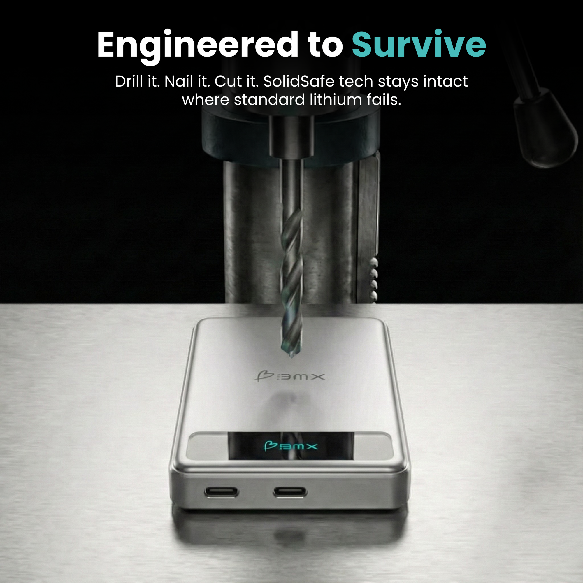BMX SolidSafe 10K (10000mAh) -- engineered to survive infographic showing drill test, semi-solid-state cells stay intact w...