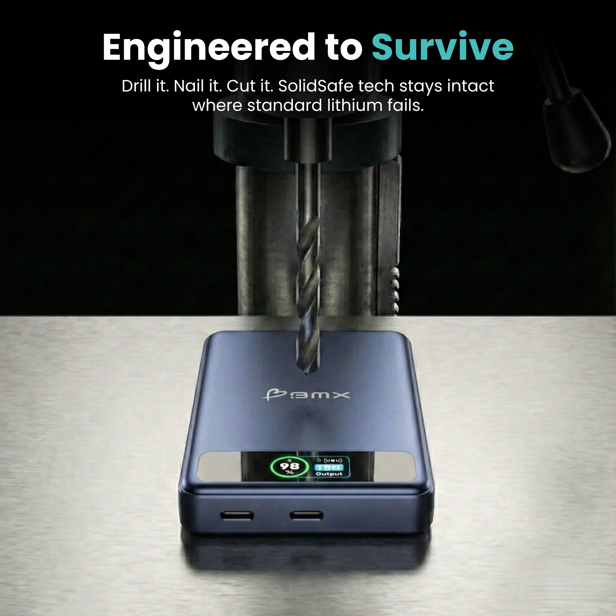 BMX SolidSafe 10K (10000mAh) -- engineered to survive infographic showing drill test, semi-solid-state cells stay intact w...