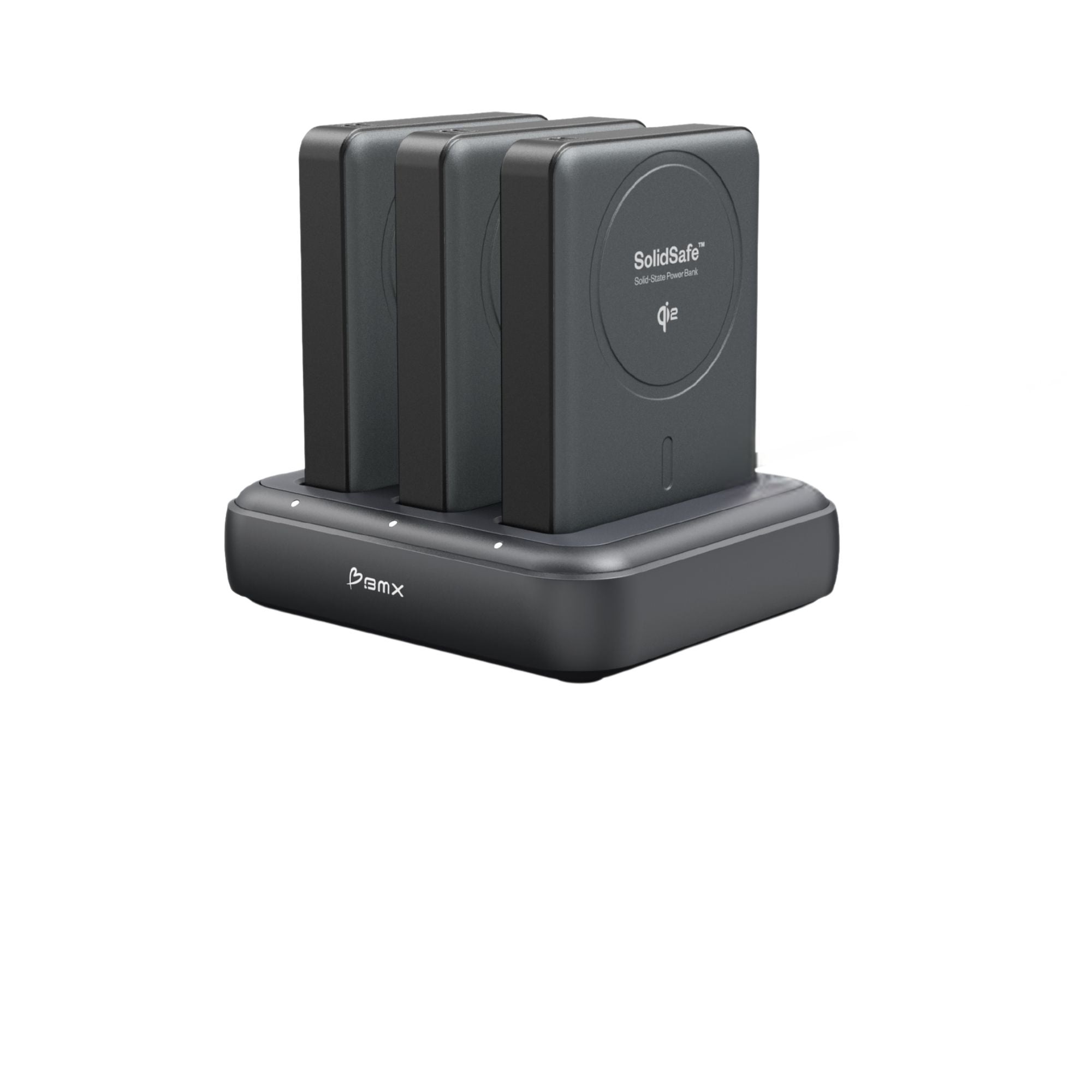 BMX SolidSafe 3-Pack 10K + 3-Bay Charging Dock -- bundle hero with power banks and dock kit