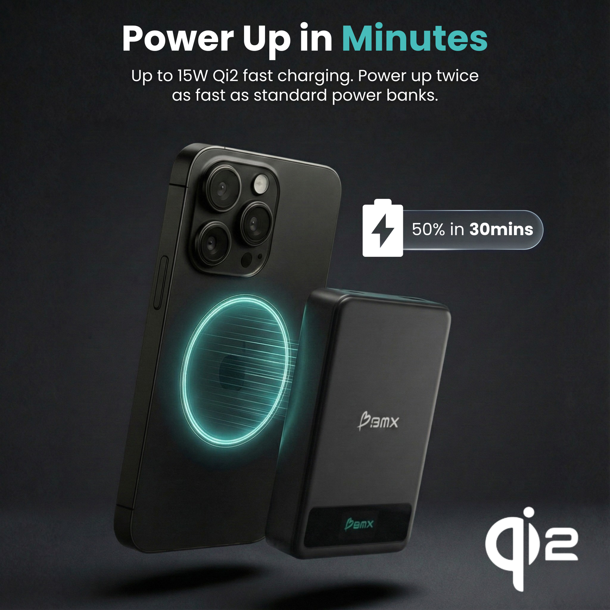 BMX SolidSafe 10K (10000mAh) -- power up in minutes - Qi2 15W fast charging infographic, 50% charge in 30 minutes