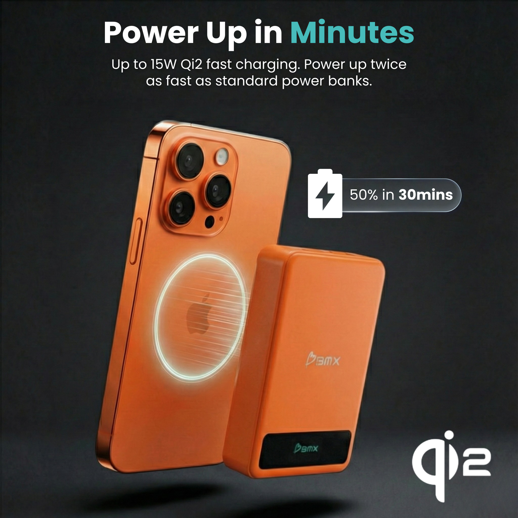 BMX SolidSafe 10K (10000mAh) -- power up in minutes - Qi2 15W fast charging infographic, 50% charge in 30 minutes