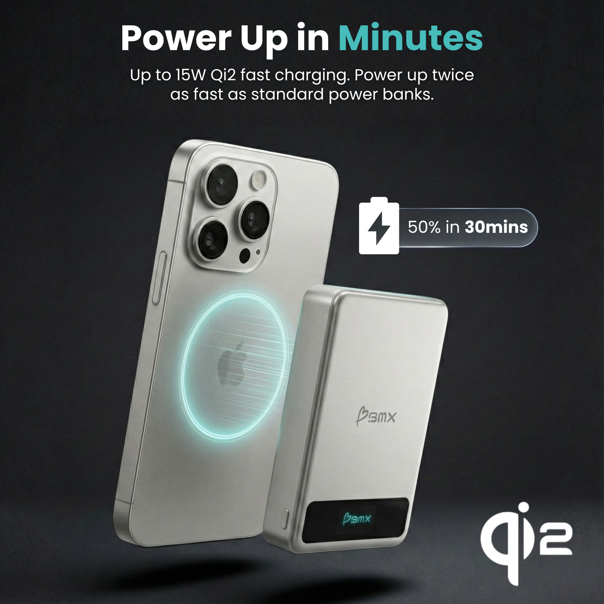 BMX SolidSafe 10K (10000mAh) -- power up in minutes - Qi2 15W fast charging infographic, 50% charge in 30 minutes