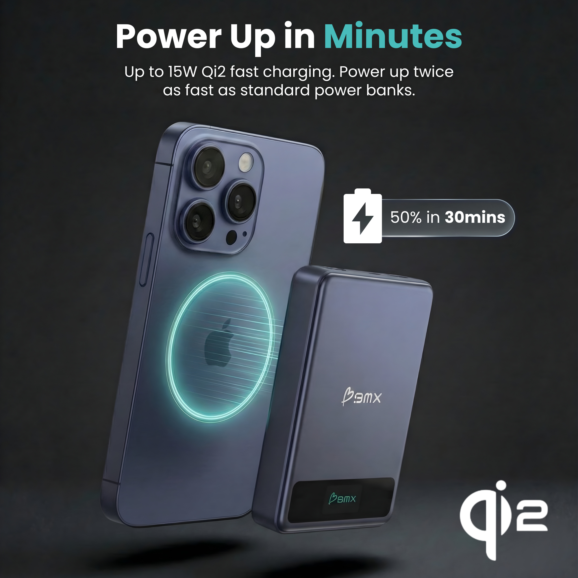 BMX SolidSafe 10K (10000mAh) -- power up in minutes - Qi2 15W fast charging infographic, 50% charge in 30 minutes