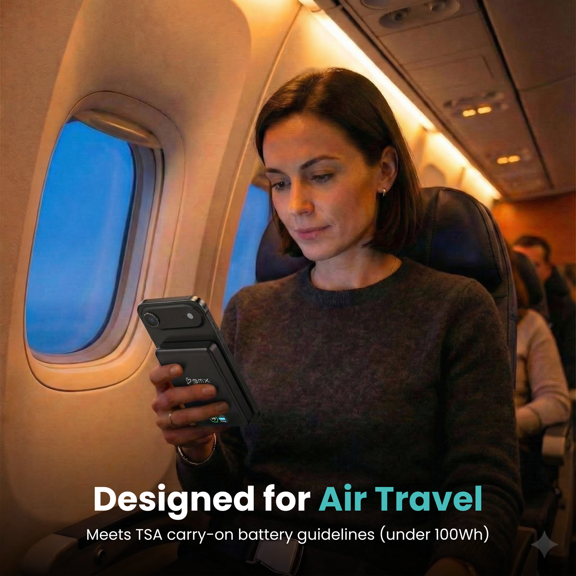 BMX SolidSafe 10K (10000mAh) -- designed for air travel infographic - airline safe under 100Wh, TSA Ready scene on a plane