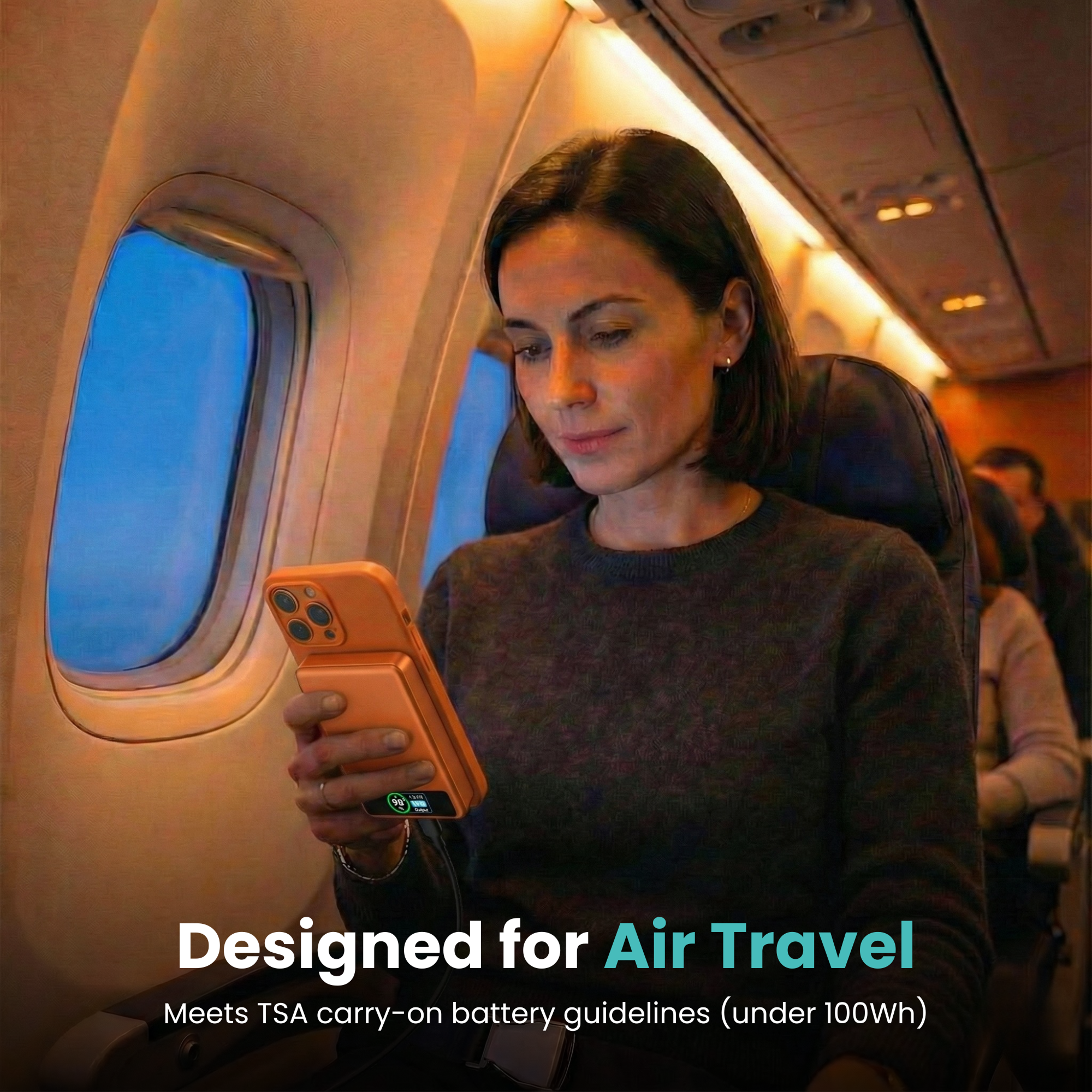 BMX SolidSafe 10K (10000mAh) -- designed for air travel infographic - airline safe under 100Wh, TSA Ready scene on a plane