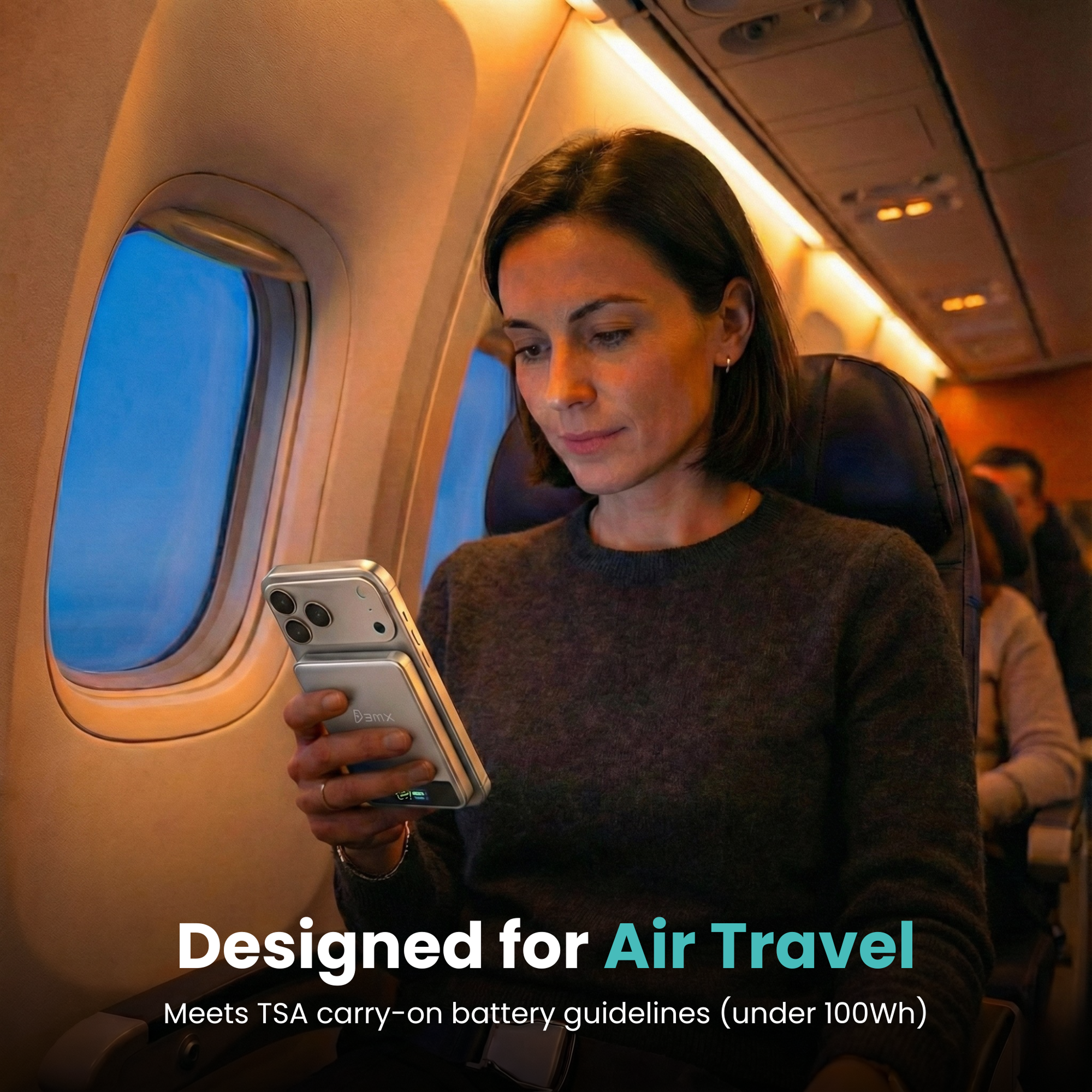 BMX SolidSafe 10K (10000mAh) -- designed for air travel infographic - airline safe under 100Wh, TSA Ready scene on a plane