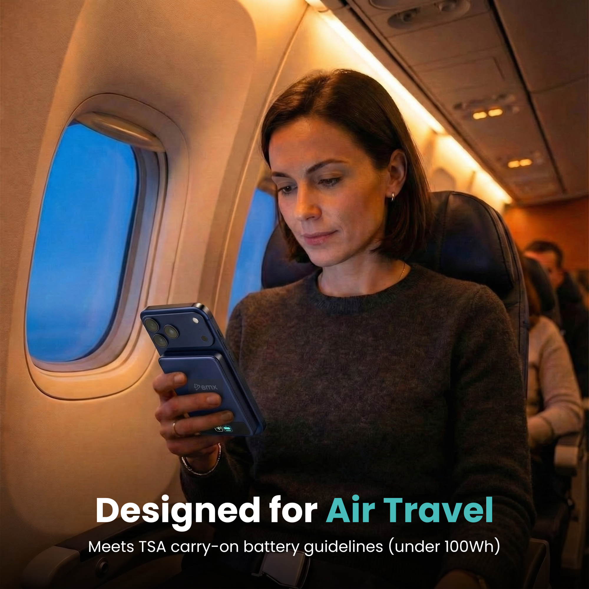BMX SolidSafe 10K (10000mAh) -- designed for air travel infographic - airline safe under 100Wh, TSA Ready scene on a plane