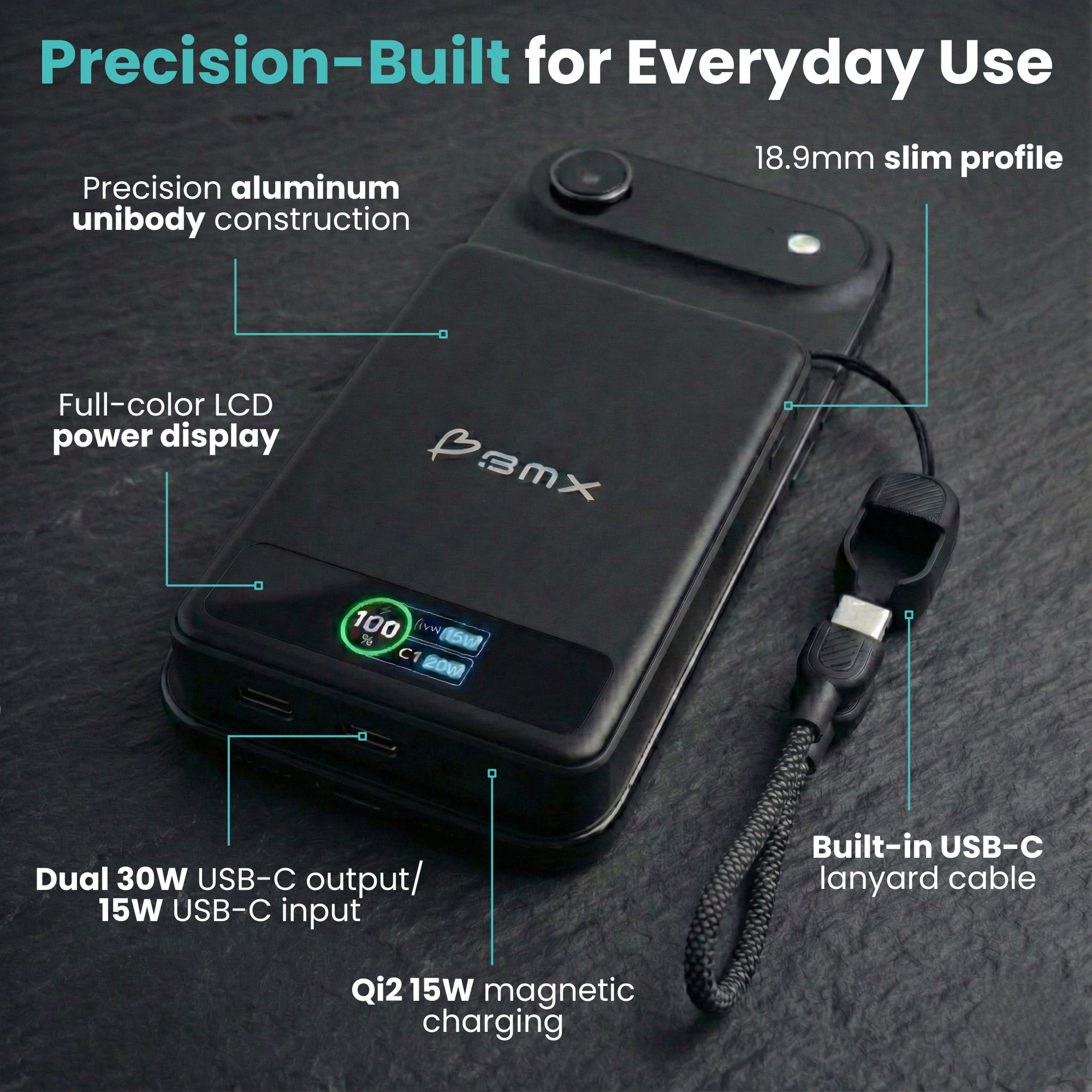 BMX SolidSafe 10K (10000mAh) -- precision-built infographic showing full-color LCD, 20W USB-C, 15W Qi2 magnetic charging, ...