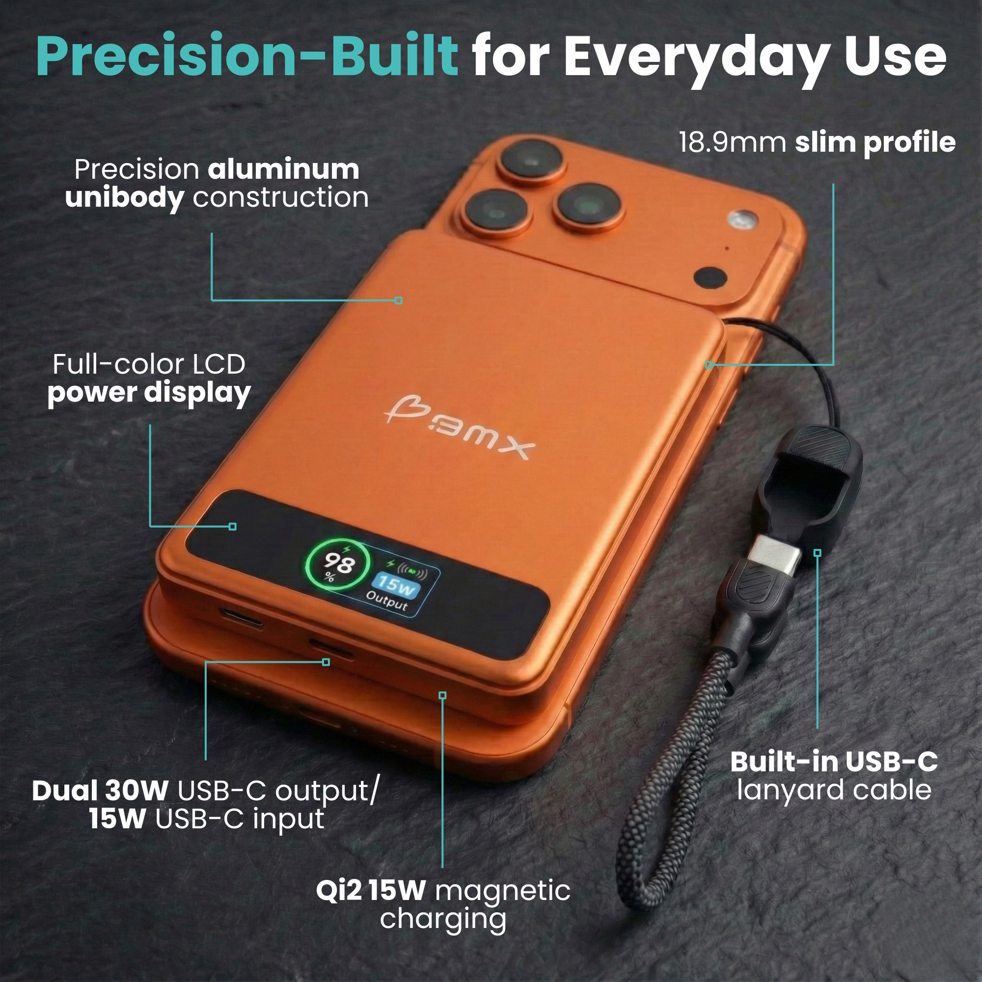 BMX SolidSafe 10K (10000mAh) -- precision-built infographic showing full-color LCD, 20W USB-C, 15W Qi2 magnetic charging, ...