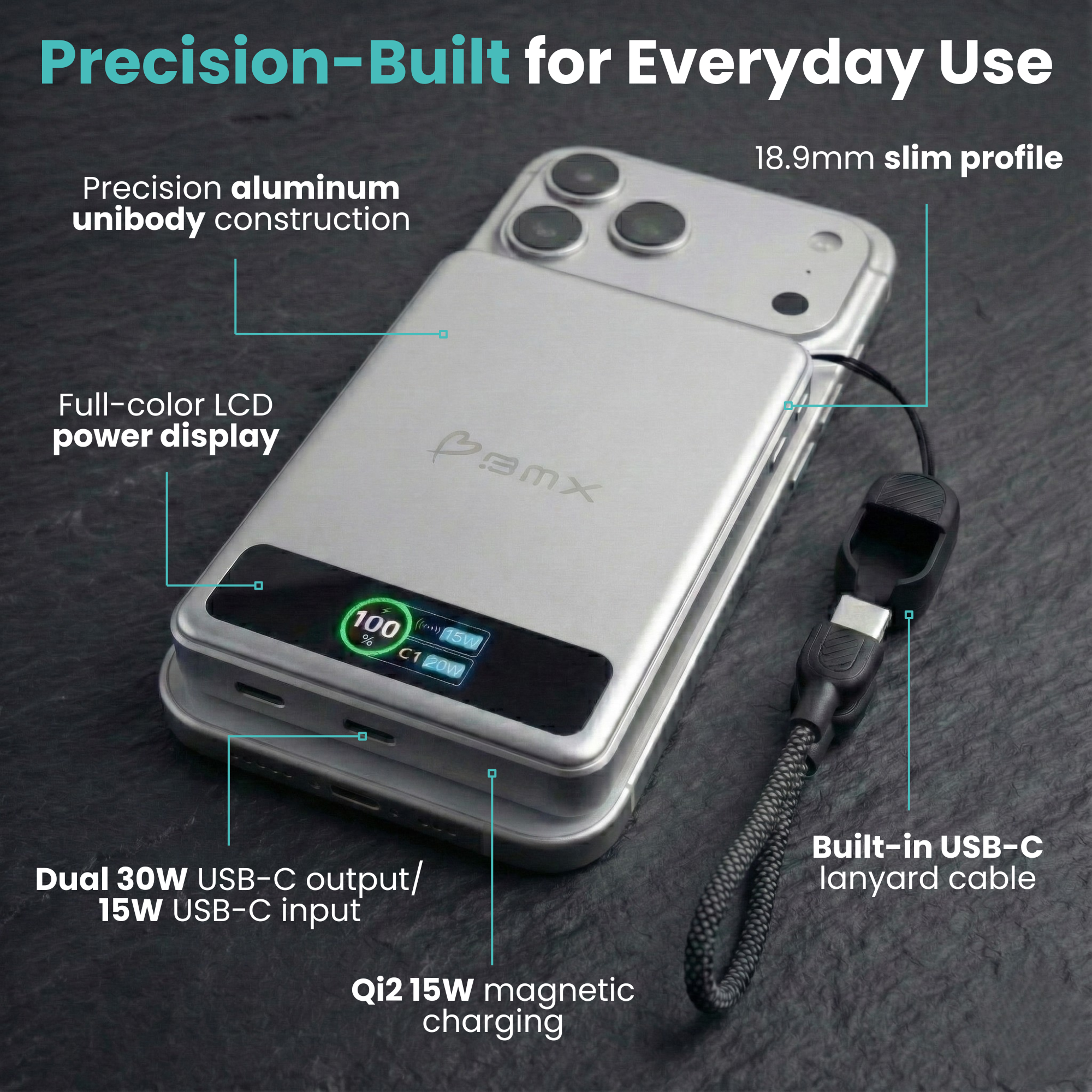 BMX SolidSafe 10K (10000mAh) -- precision-built infographic showing full-color LCD, 20W USB-C, 15W Qi2 magnetic charging, ...
