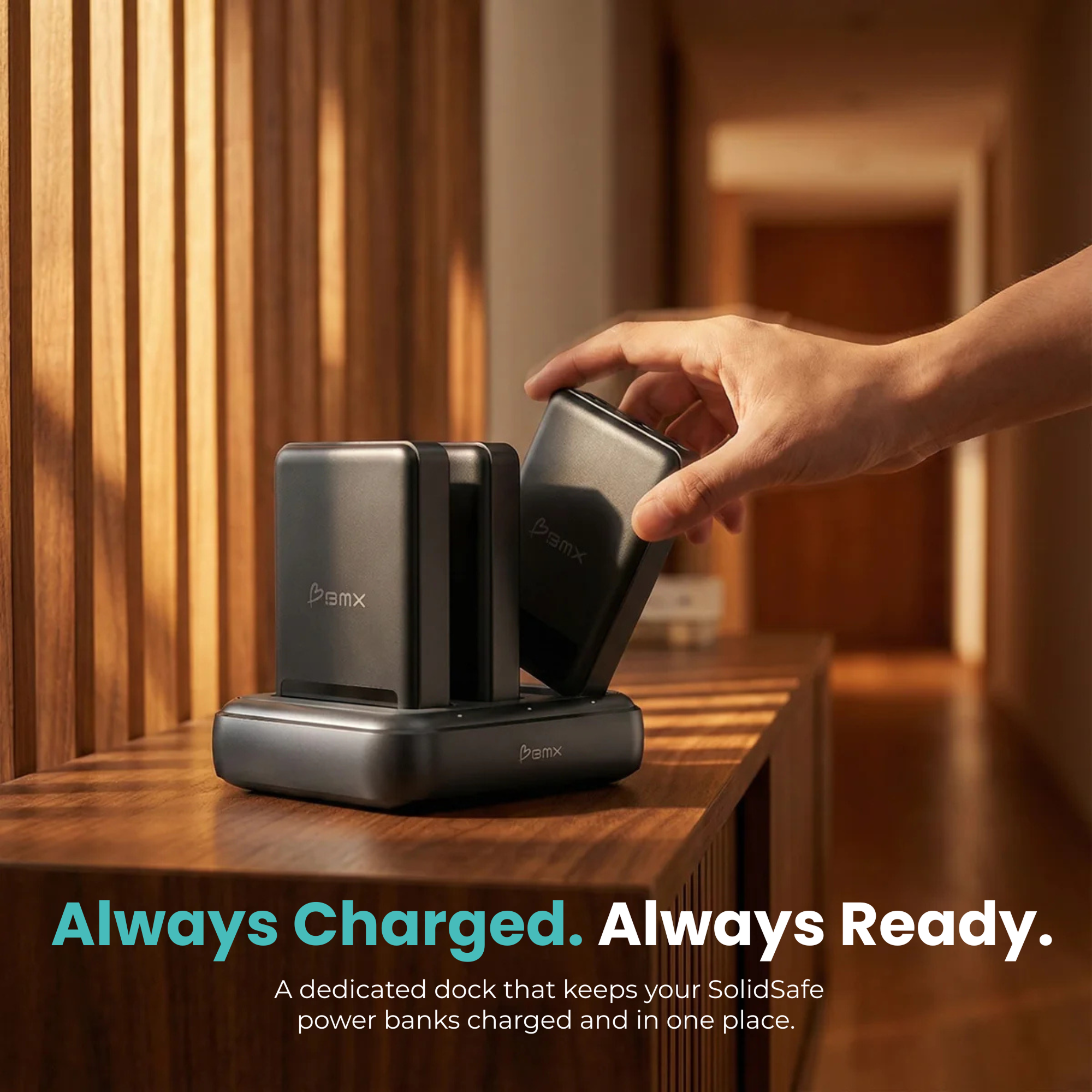 BMX SolidSafe 3-bay Charging Dock -- always charged, always ready grab-and-go workflow infographic
